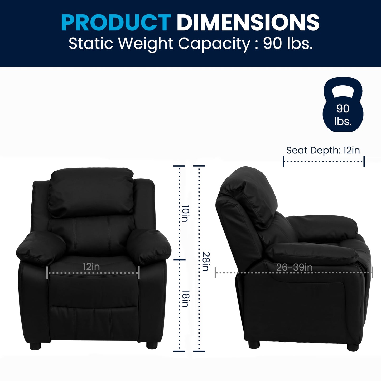 Flash Furniture Charlie LeatherSoft Kids Recliner with Flip-Up Storage Arms and Safety Recline, Contemporary Reclining Chair for Kids, Supports up to 90 lbs., Black