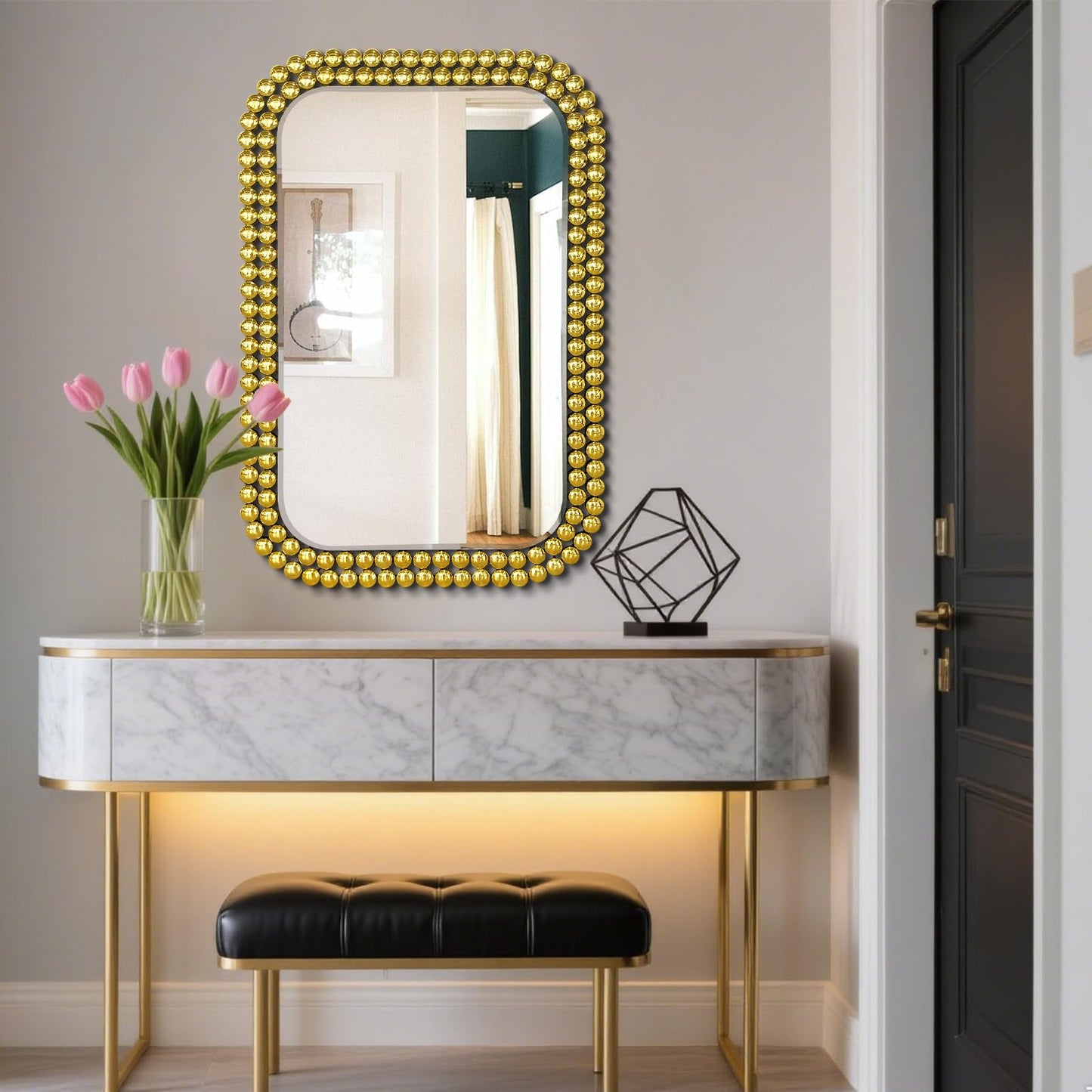 Scoffee Wall Mount Bathroom Mirror Beaded Framed Baroque Decorative Vanity Mirror Rounded Corner Rectangle Mirror for Wall,Over Sink，Bedroom