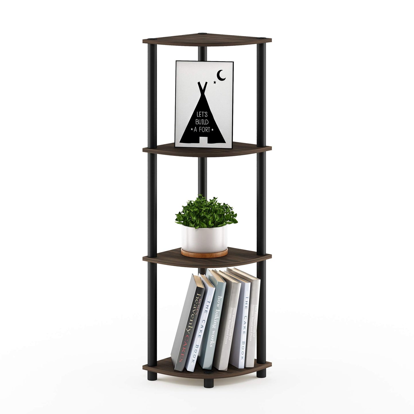 Furinno Turn-N-Tube Toolless Assembly 4-Tier Corner Shelf, Rustic Brown Corner Book Shelf, Open Shelves Bookshelf, for Organization and Storage, Living Room, Home Office, Bedroom, Brown Walnut