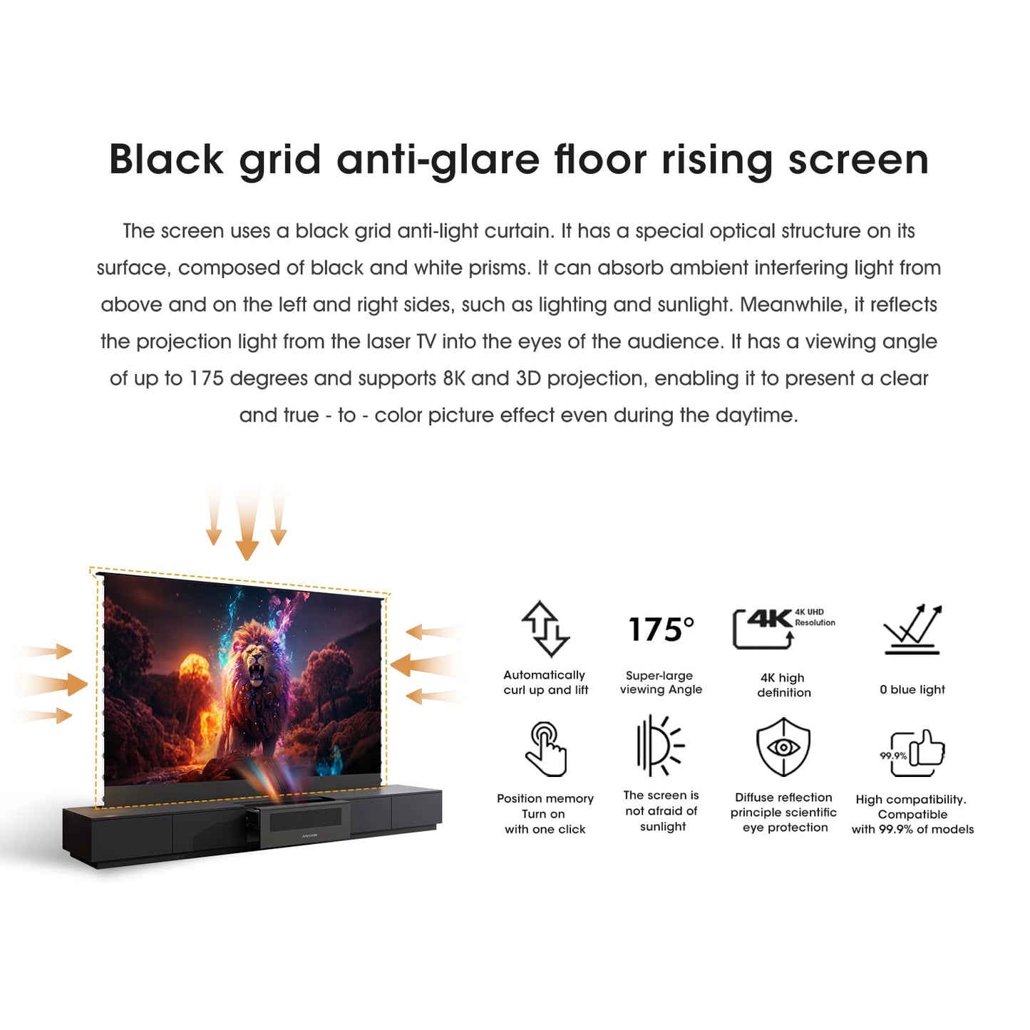 Julycode Motorized Laser TV Cabinet with ALR Floor-Rising Screen for Ultra - Short Throw Projector (Black, 100'' Laser Cabinet)
