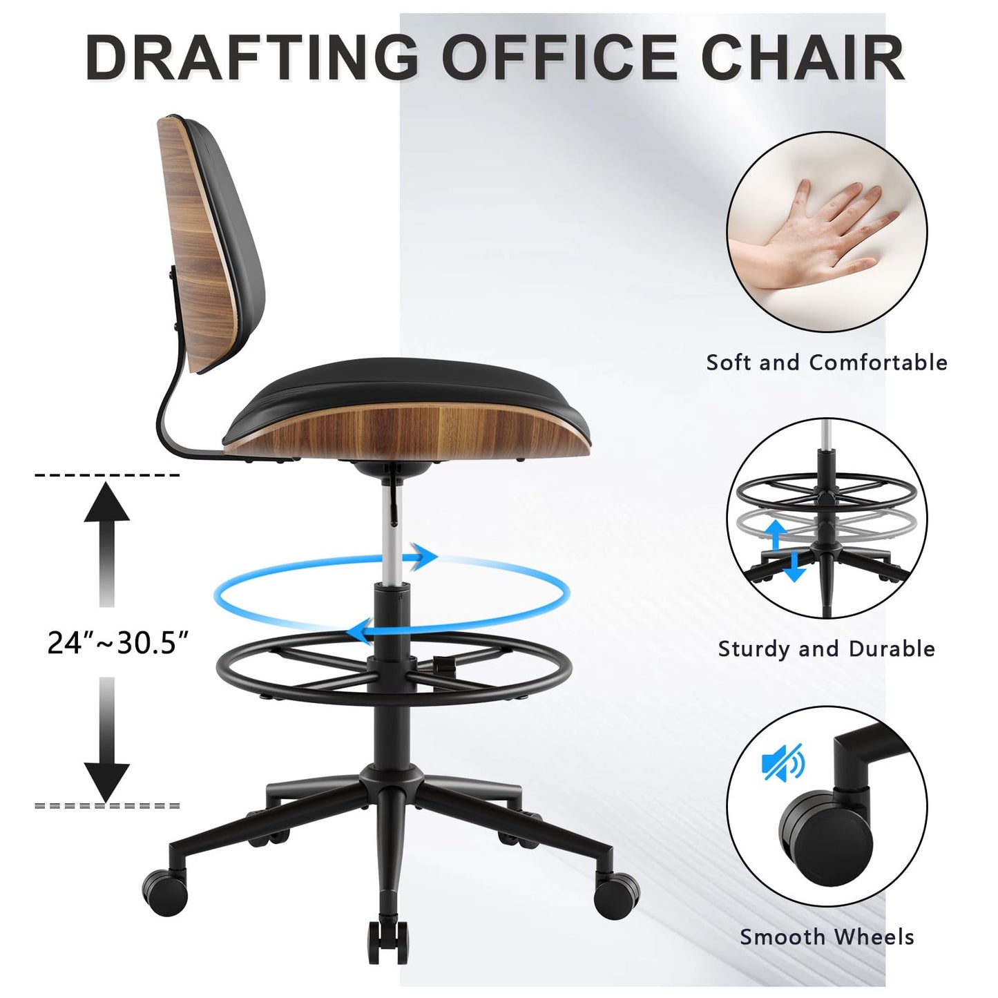 BERYTH Drafting Chair with Adjustable Footrest, Armless Modern Tall Office Chair for Standing Desk, PU Leather Swivel Stool in Curved Bentwood Style, Ergonomic Rolling Walnut Chair for Office(Black)
