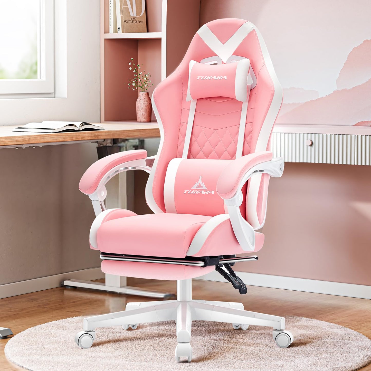 TUKAKA Pink Gaming Chair,Ergonomic Massage Computer Office Desk Chai r with Footrest,Pocket Spring Cushion,Reclining Leather Adjustable Gamer Chair with Headrest and Lumbar Support,Pink