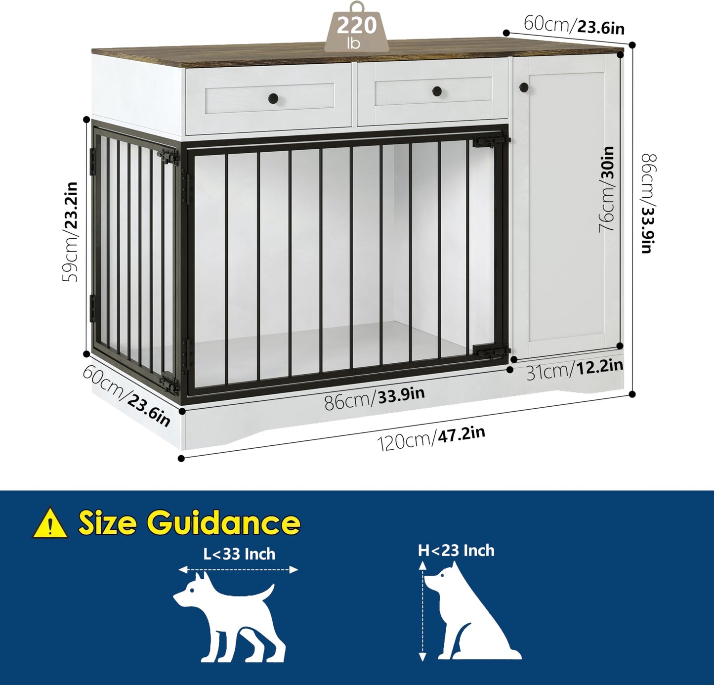 47'' Farmhouse Dog Crate Furniture & TV Stand with Double Doors, Modern Indoor Kennel Dog Cage Buffet Cabinet Side End Table with 2 Drawers and Storage Cabinet for Small Medium Dogs Pet House