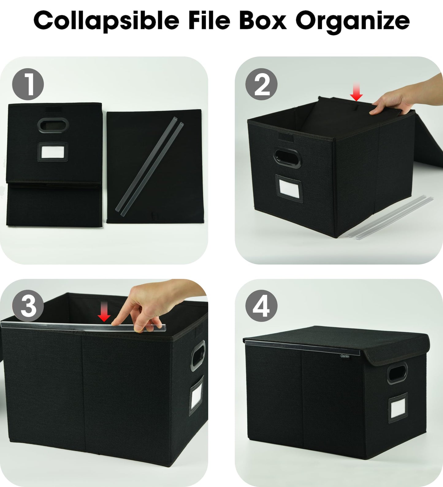 Qerlei File Organizer Boxes with Lids,Collapsible File Folder Organizer with Plastic Slide,Collapsible Filing & Storage Boxes for Office/Decor/Home (Black, 1 Pack)