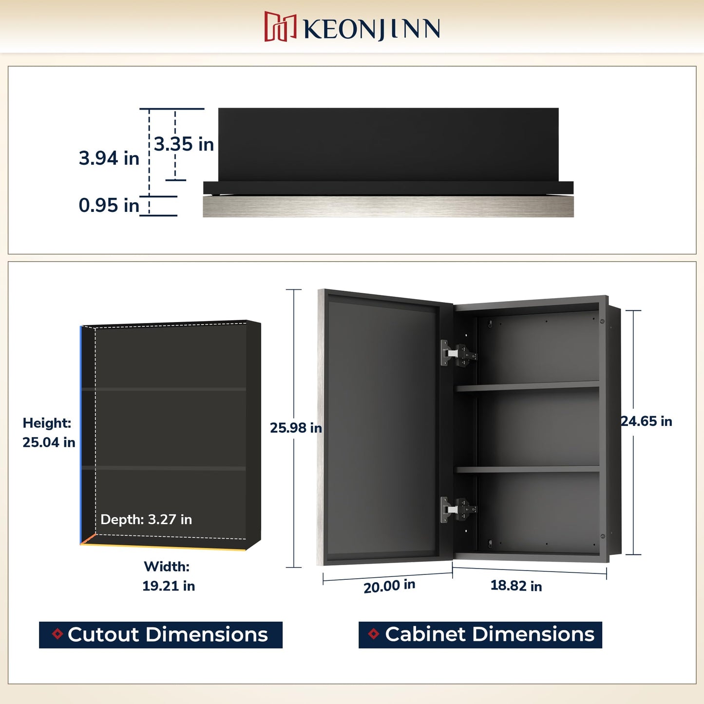 Keonjinn 20" x 26" Medicine Cabinets with Mirror for Bathroom, Brushed Nickel Recessed or Surface Wall-Mounted Aluminum Alloy Framed Beveled Mirror, Farmhouse Bathroom Mirror with Storage Cabinet