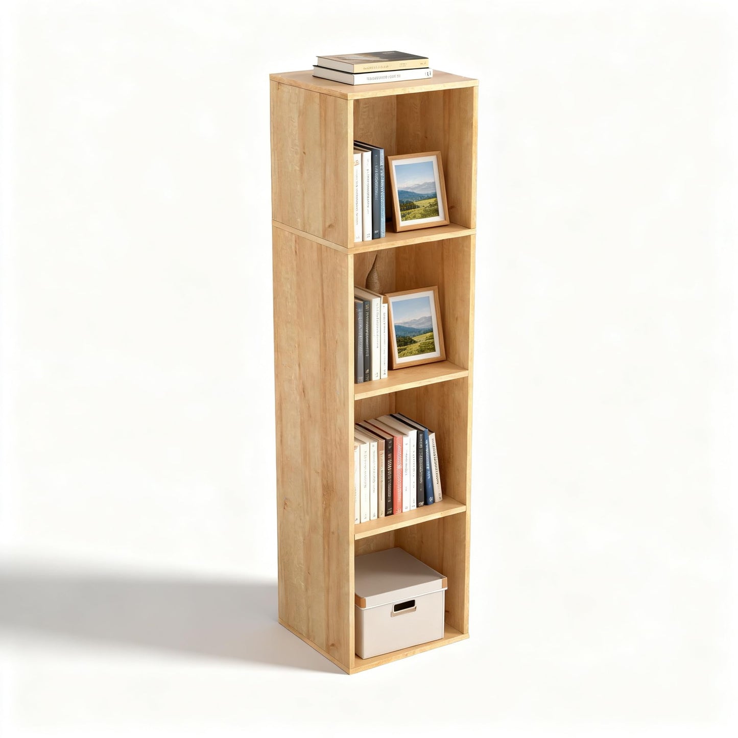 NewBeth 4 Cube Storage Organizer, 4 Tier Cube Low Bookcase Freestanding Storage Display Organizer, Four-Cubes Open Shelf Bookshelf for Home Office (Oak, 4-Cube)
