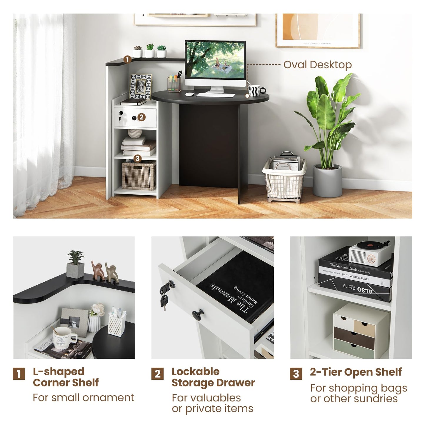 CHEFJOY Reception Desk, Retail Checkout Counter w/Lockable Drawer & Open Shelves, Computer Workstation, Small Front Desk Reception Counter for Company Lobby Store Salon Office (Black & White)