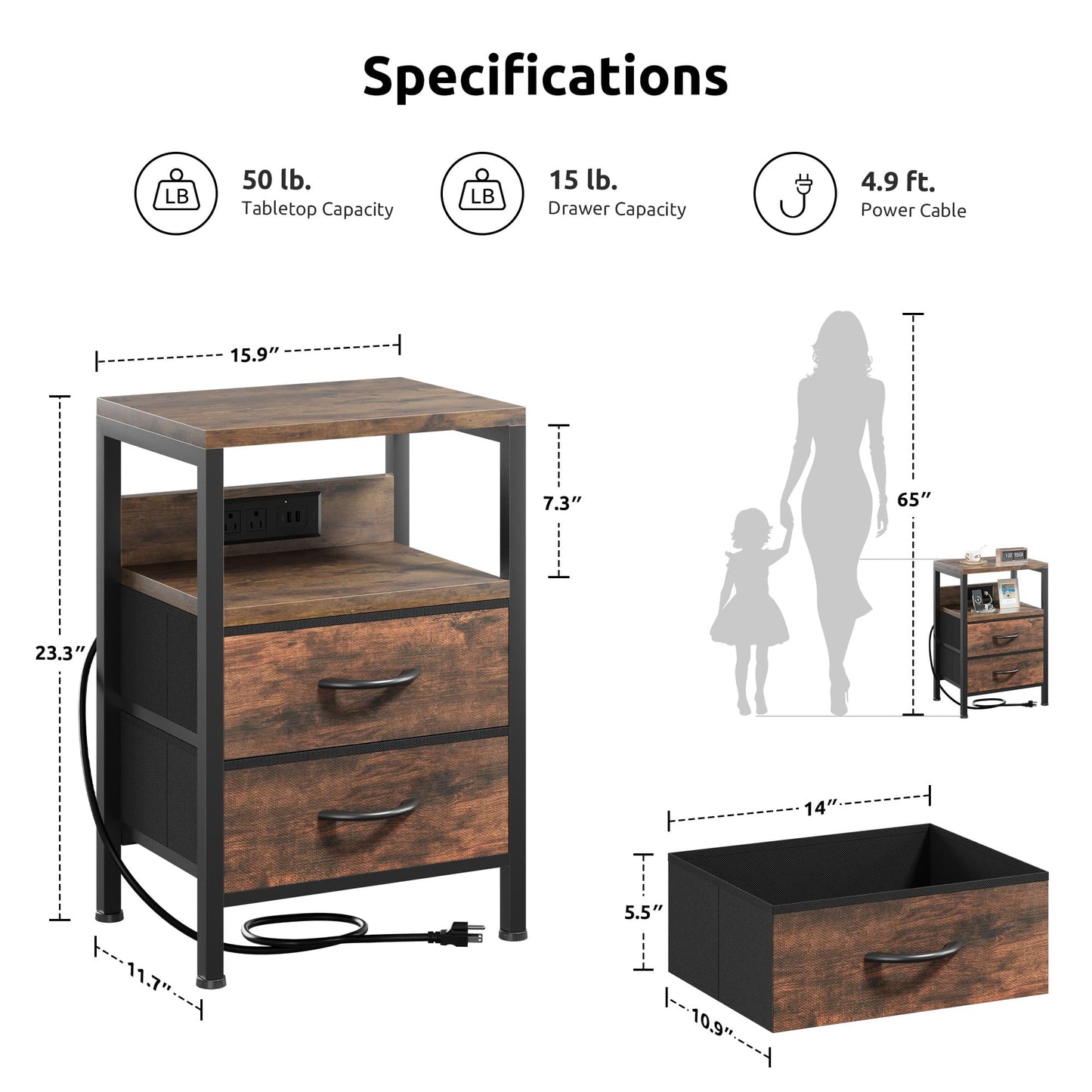 Lazzanto NightStand Bedside Charging Table Bedroom - Brown Night Stand with Charger Station, Modern Bed Side End Table with Open Shelf & 2 Fabric Drawers, USB-C Port for Dorm, Living Room