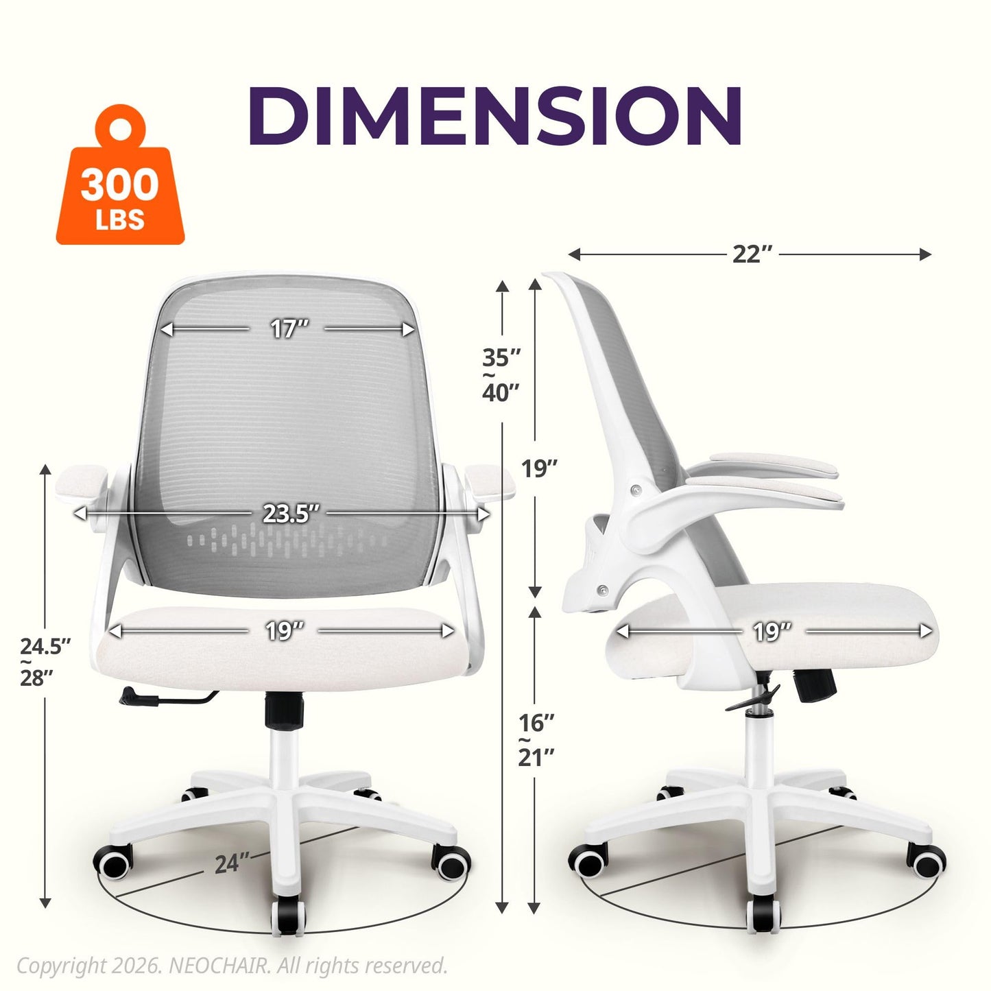 NEO CHAIR Office Desk Gaming Ergonomic Computer Chair with Lumbar Back Support Adjustable Height Swivel Rolling Wheels Flip-up Arms Mesh Chair for Home Vanity (Ivory)