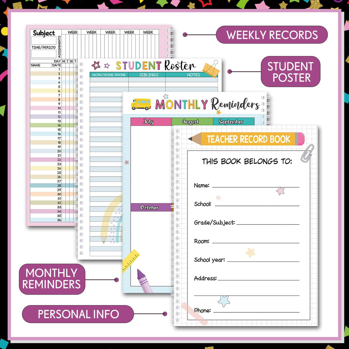 Fuyoooo Teacher Record Book Teacher Grade Books 2026-2027 Spiral Bound Record Planner 2026 Class Grade Book Office Favors for Classroom Attendance Decoration Double Sided(Black, Confetti)