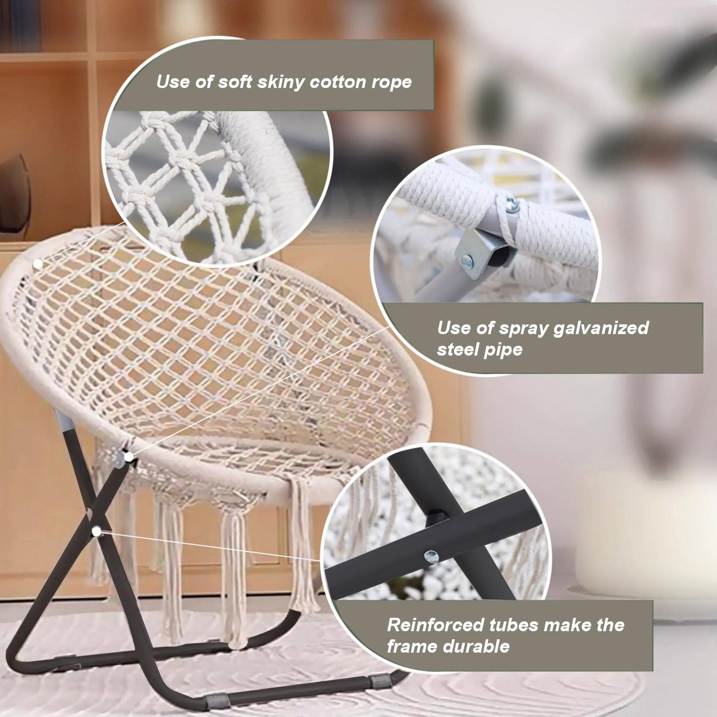 HI SUYI Folding Macrame Saucer Moon Chair Rope Cozy Lounger Chair Oversized for Bedroom Indoor Outdoor Home Patio Porch Deck Yard Garden