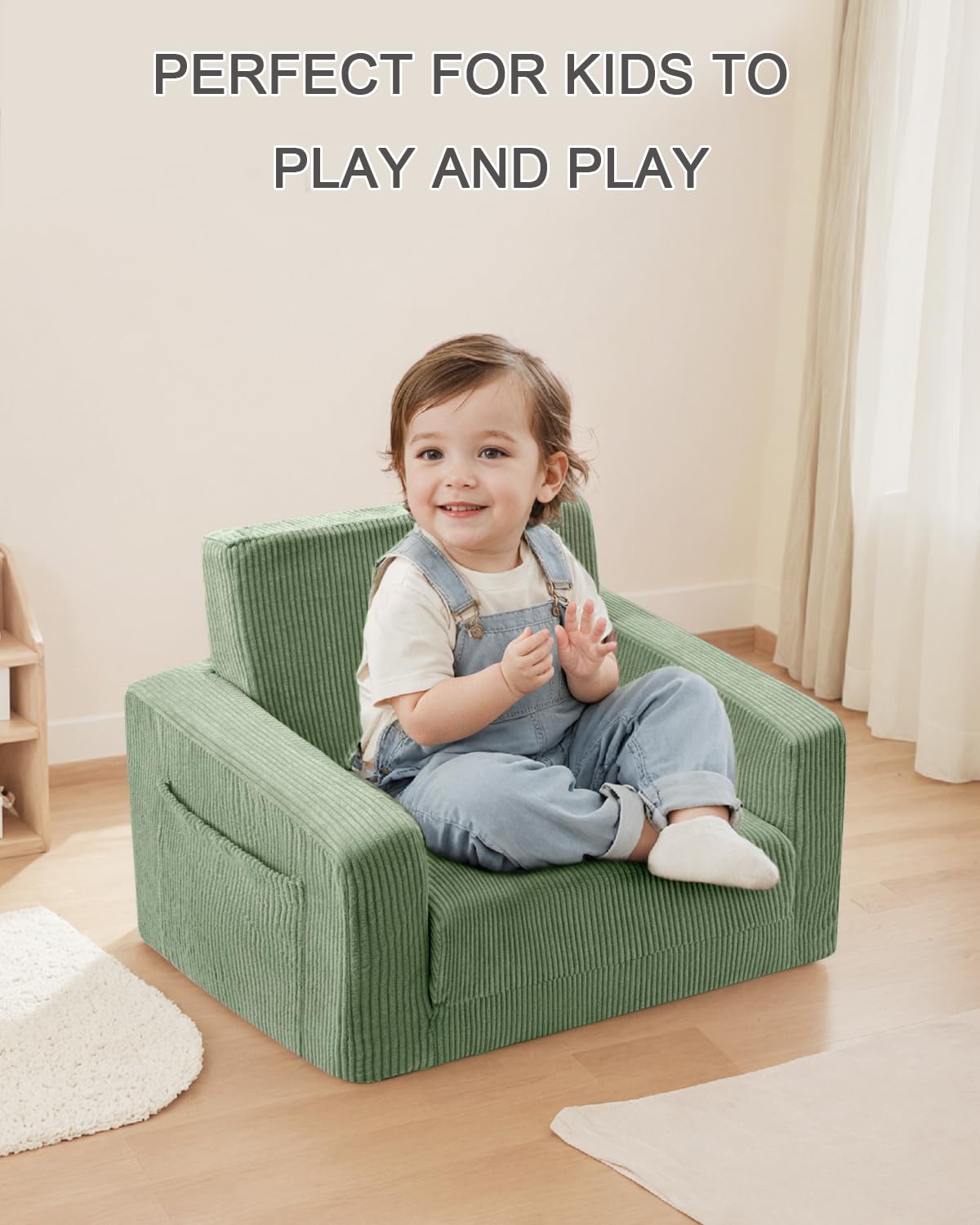 Jouha Kids Chair and Couch, 2-in-1 Fold-Out Kids Sofa, Soft Convertible Seating, Comfy Kids Chair for Boys and Girls,Green