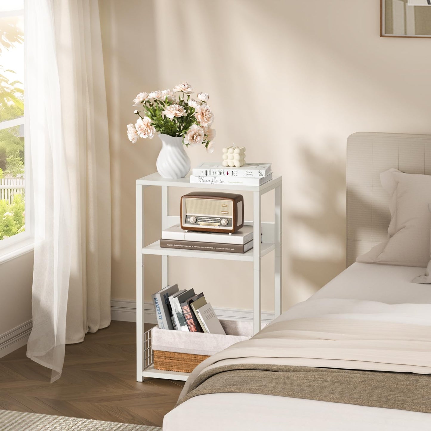 LELELINKY White Side Table,Small Printer Stand with Storage Shelf,3 Tier Industrial Bedside Tables,Vinyl Record Player Stand,Modern Sofa Night Stands for Living Room Bedroom Office Small Spaces