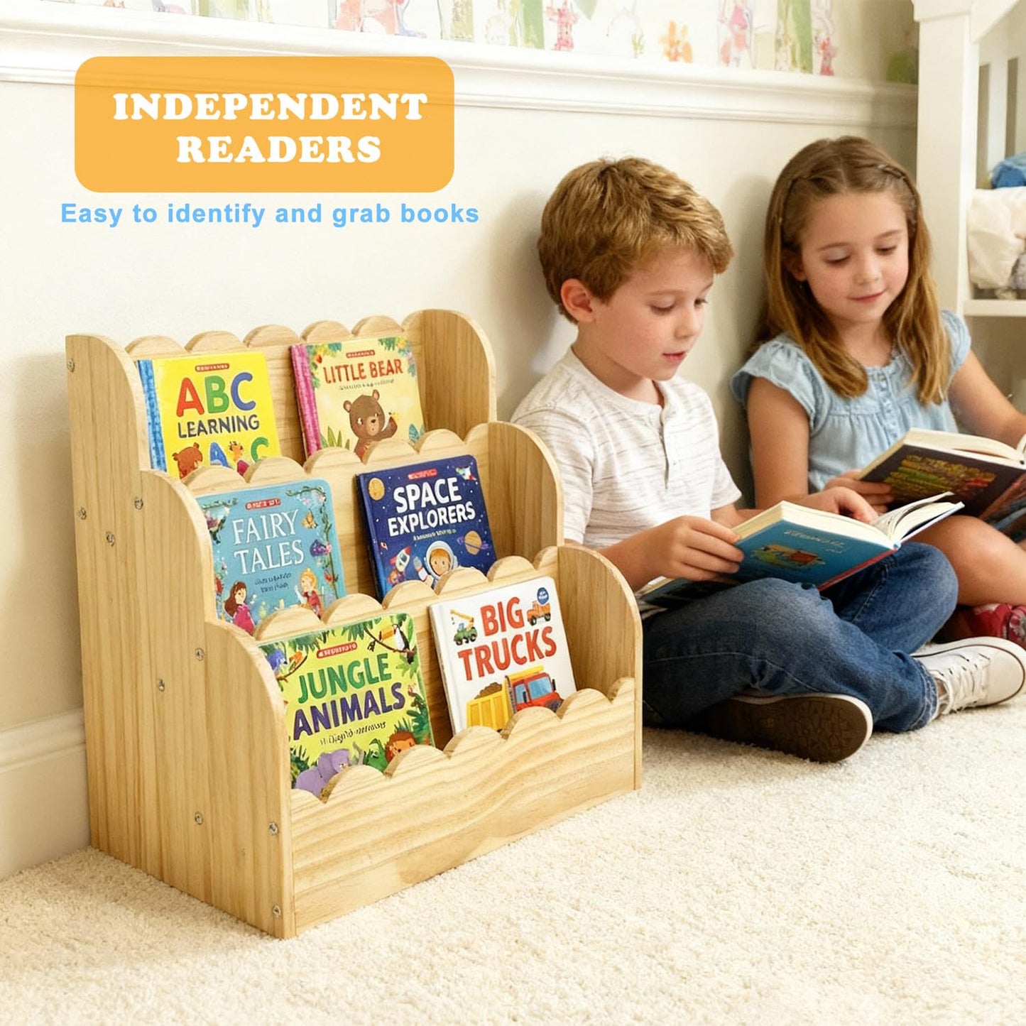 Livemy Scalloped Book Shelf for Kids, 3-Tier Wooden Bookshelf for Toddler, Durable Bookcase Book Organizer Display Furniture for Kids Rooms, Playroom, Nursery, Classroom (Natural, 16.5 * 16.5 * 11in)