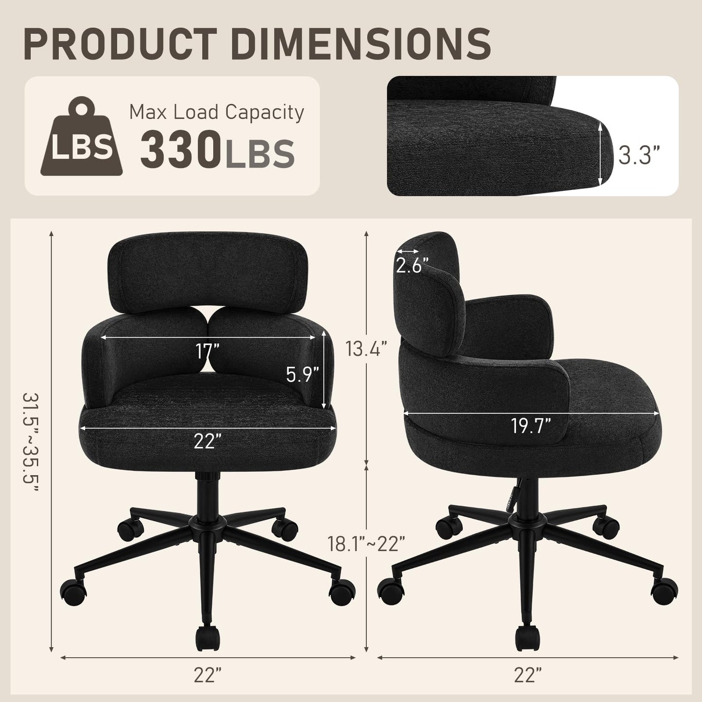 Furnistyle Modern Upholstered Office Chair with Wheels, Adjustable Height Swivel Desk Chair with Arms, Comfy Fabric Task Chair for Home Office, Bedroom, Study Room, Rolling Base,Black