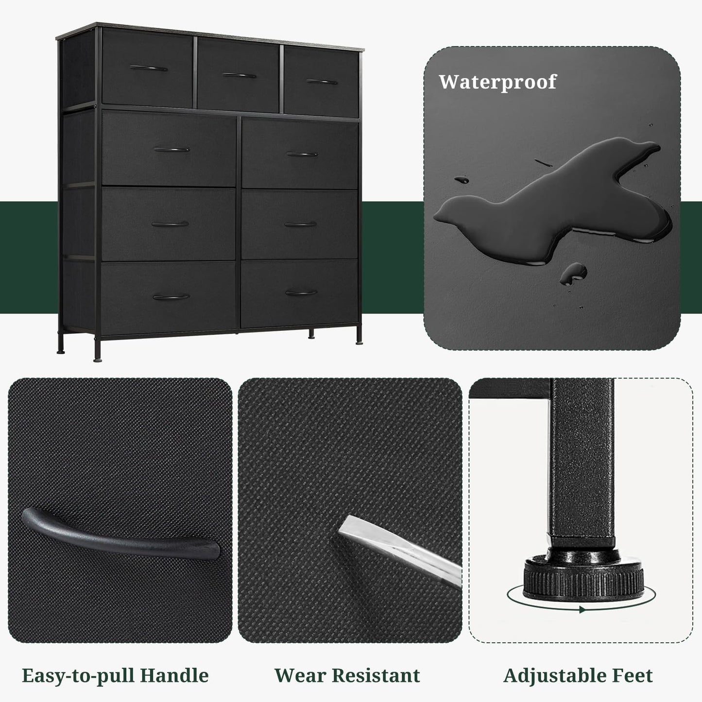 9-Drawer Dresser for Bedroom, Anti-Tip Tall Storage Organizer Chest of Drawers with Wooden Top and Metal Frame Fabric Bins for Closet, Living Room, Hallway, Entryway, Black