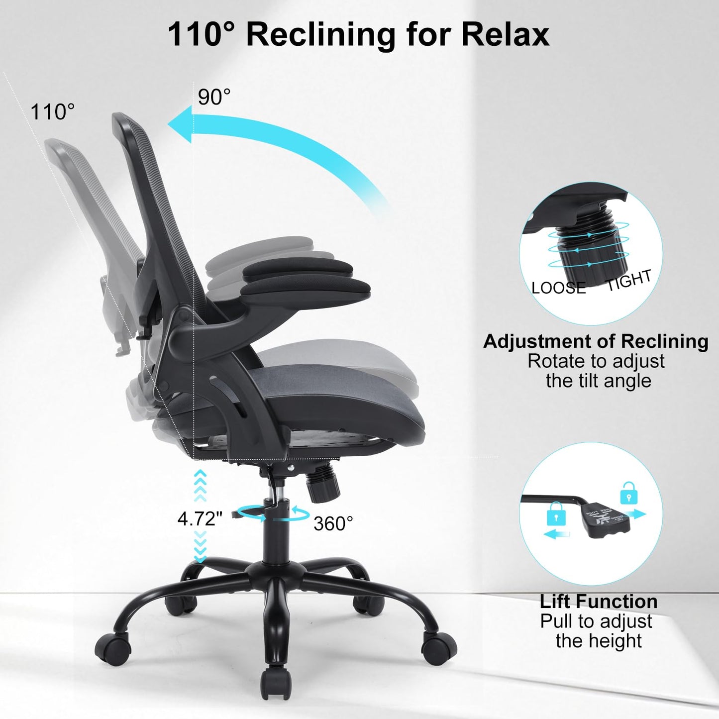Ergonomic Office Chair with Flip-up Arms, Space Saving Mesh Desk Chair with Adjustable Lumbar Support & Headrest, Breathable Executive Computer Chair, Heavy Duty Swivel Task Chair 300LBS