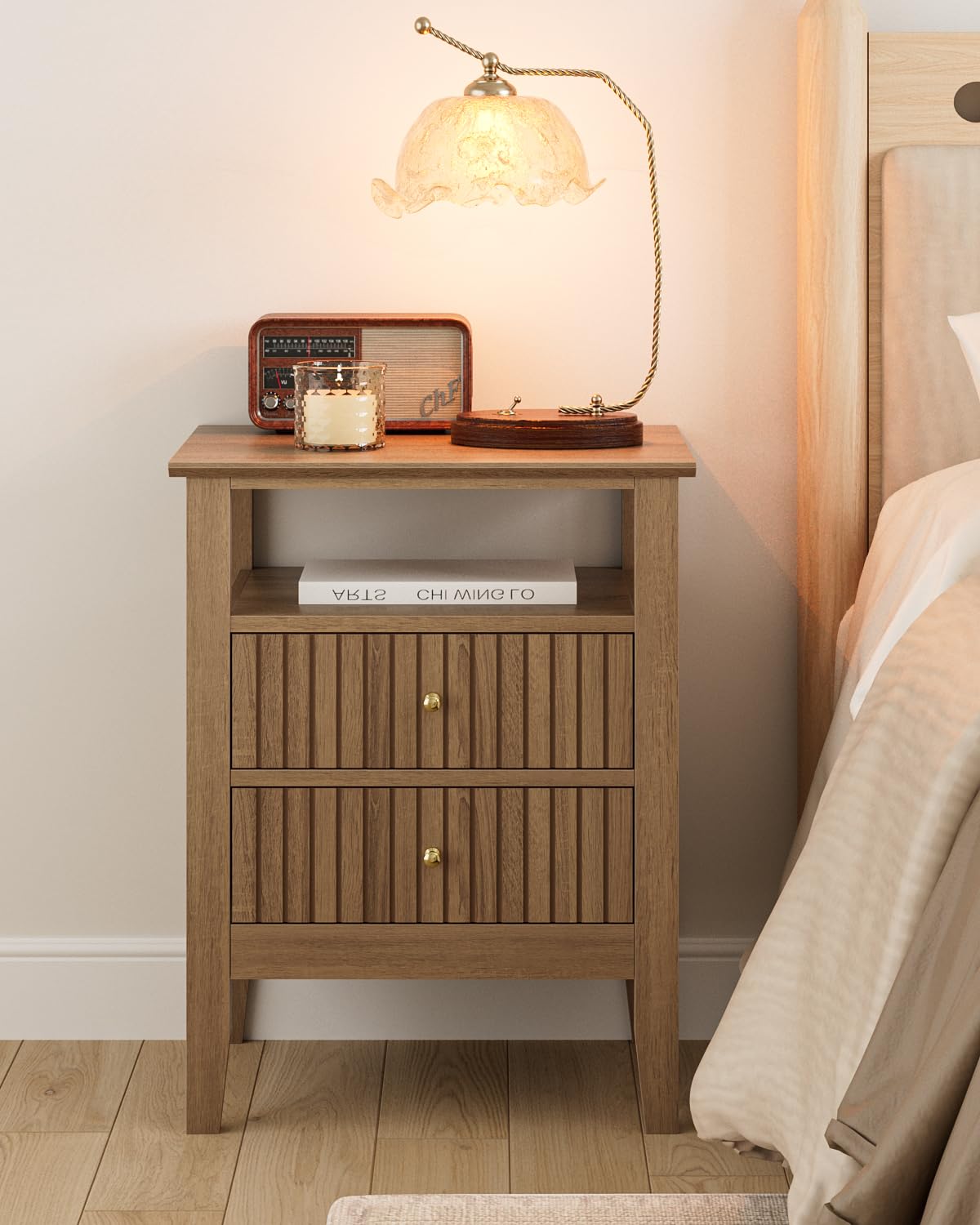 Apetaccat Fluted Nightstand, Farmhouse Night Stand with 2 Drawers, Mid Century Modern Side Accent Table,Bedside End Table for Bedroom, Living Room, Natural
