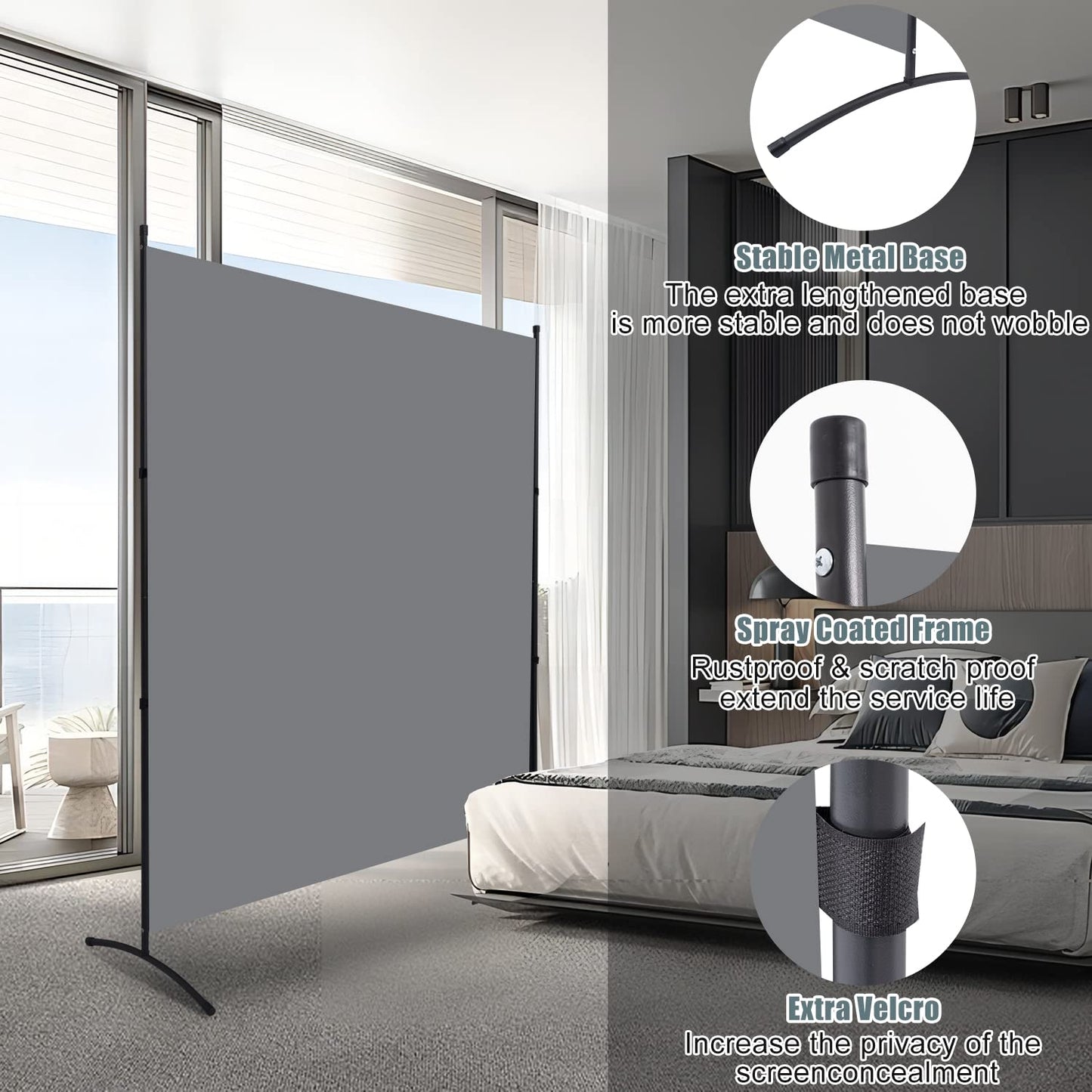 Room Divider Single Panel Privacy Screen, 71''x72''H Large Divider for Room Separation, Thickened Fabric 6FT Room Divider Wall Screen for Bedroom Office School, Portable Partition Room Dividers, Grey