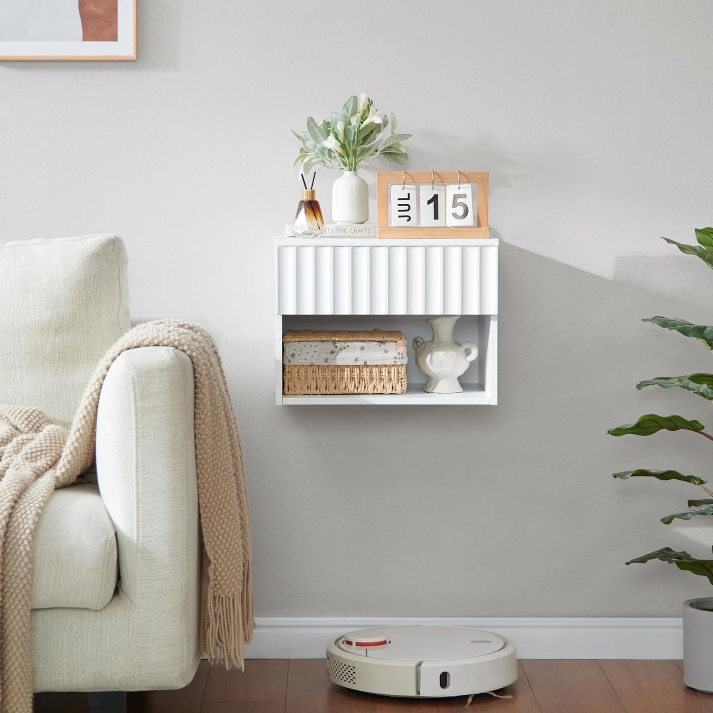 BuildHom Floating Nightstand with Fluted Drawer - Modern Wall Mounted Bedside Table with Open Storage Shelf, Small Night Stand TV Stand for Bedroom(Matte White)