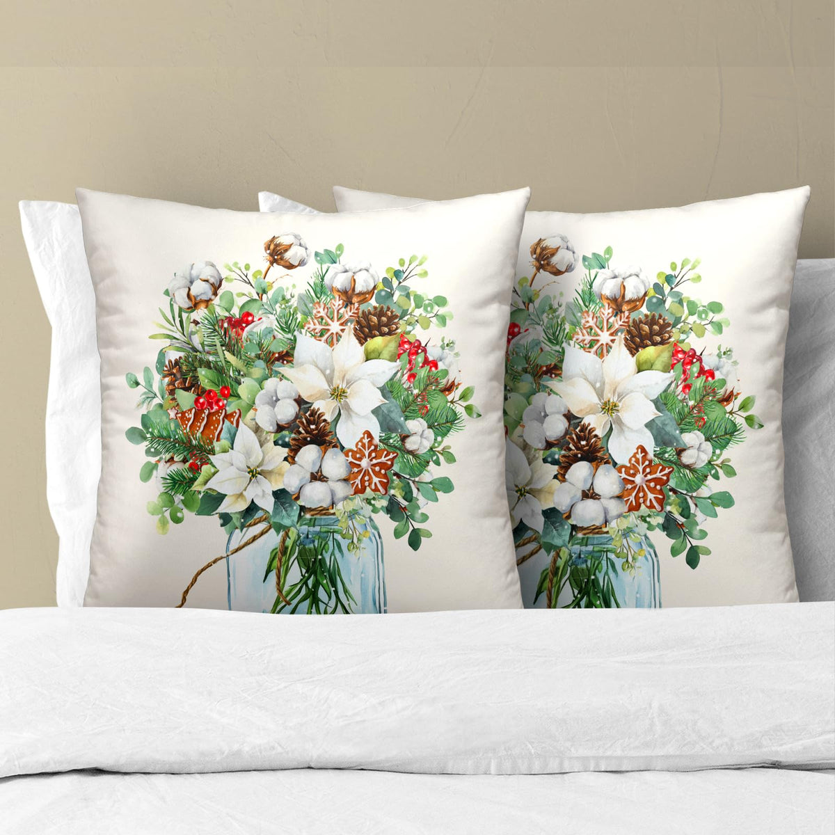 Winter Floral Bouquet Throw Pillow Covers 18x18 Inch 2 Packs Christma Poinsettias Pinecones Pillowcase Holly Berries Eucalyptus Mason Jar Farmhouse Cotton Square Cushion Case for Home Sofa Bedroom