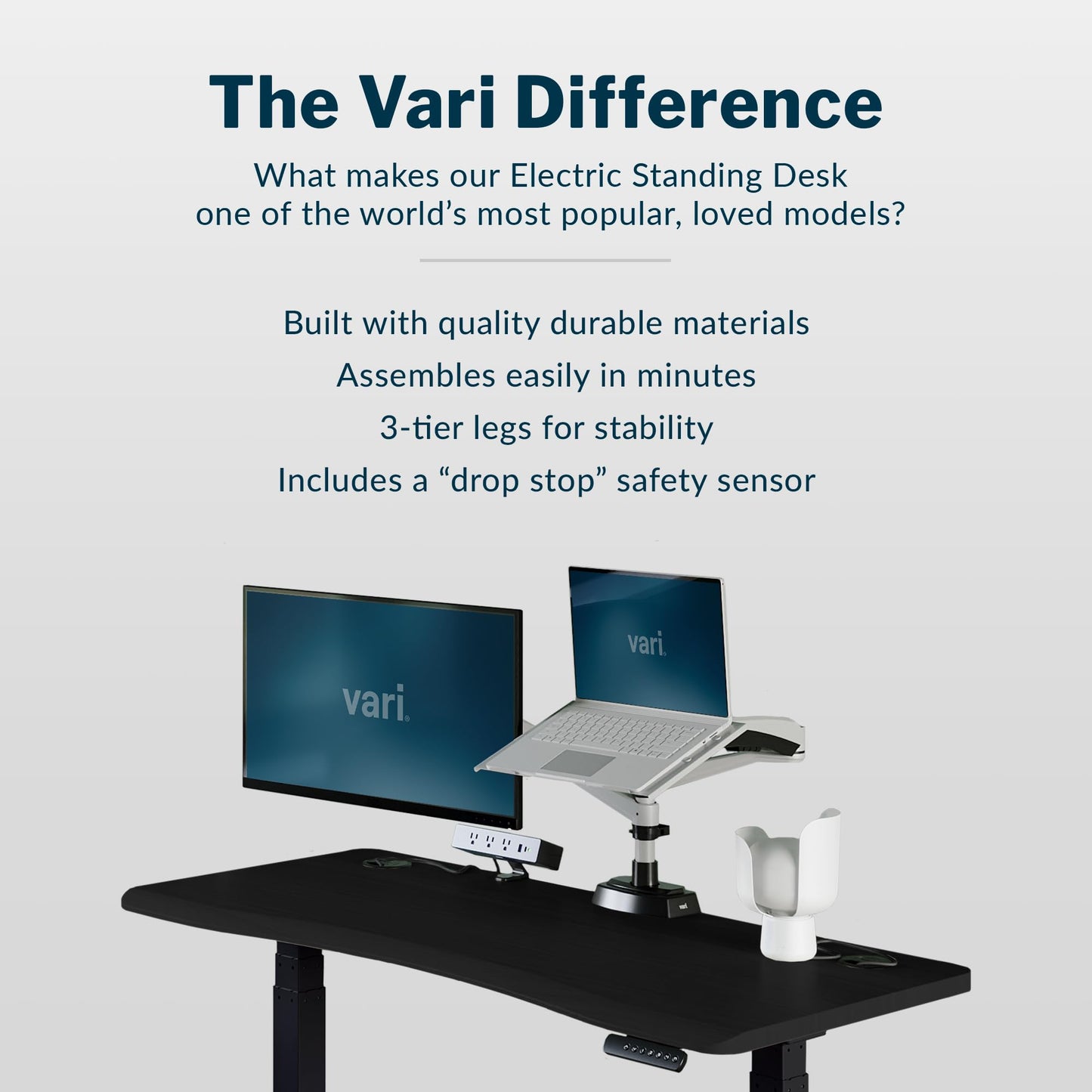 Vari Ergo 54x26 Electric Standing Desk + Height Adjustable Sit-Stand Desk + Curved Waterfall Edge, 4 Memory Settings, Quick Assembly, Cable Management, 200 lb Capacity – Black/Black Legs(2 Boxes)