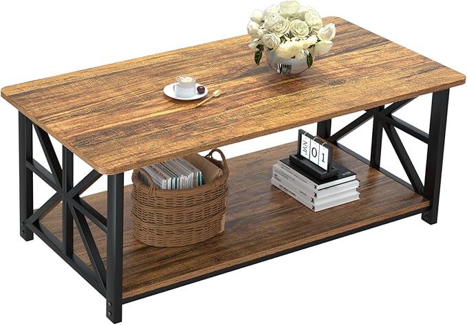 GreenForest Coffee Table with Round Corner, Farmhouse Center Table with 2-Tier