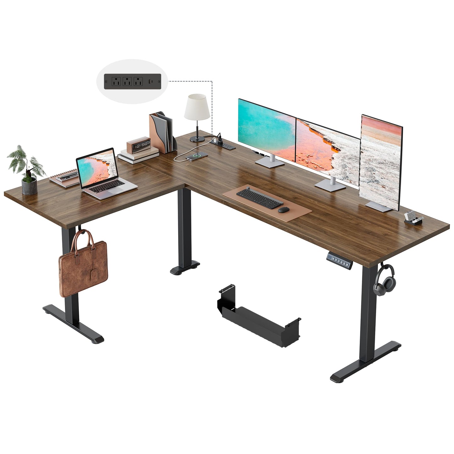Klicelor L Shaped Standing Desk 63 x 48 Inch,Electric Height Adjustable Corner Desk with Cable Management & Power Outlets, Ergonomic Sit Stand Up Computer Table for Home Office,Dark Walnut