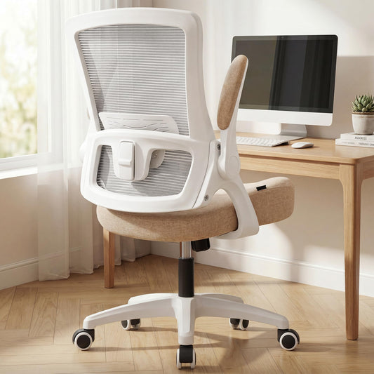 NEO CHAIR Office Desk Gaming Chair Computer High Back Mesh Seat with Rolling Wheels Ergonomic Adjustable Comfy Flip-up Armrests Lumbar Support Height for Home (Beige)