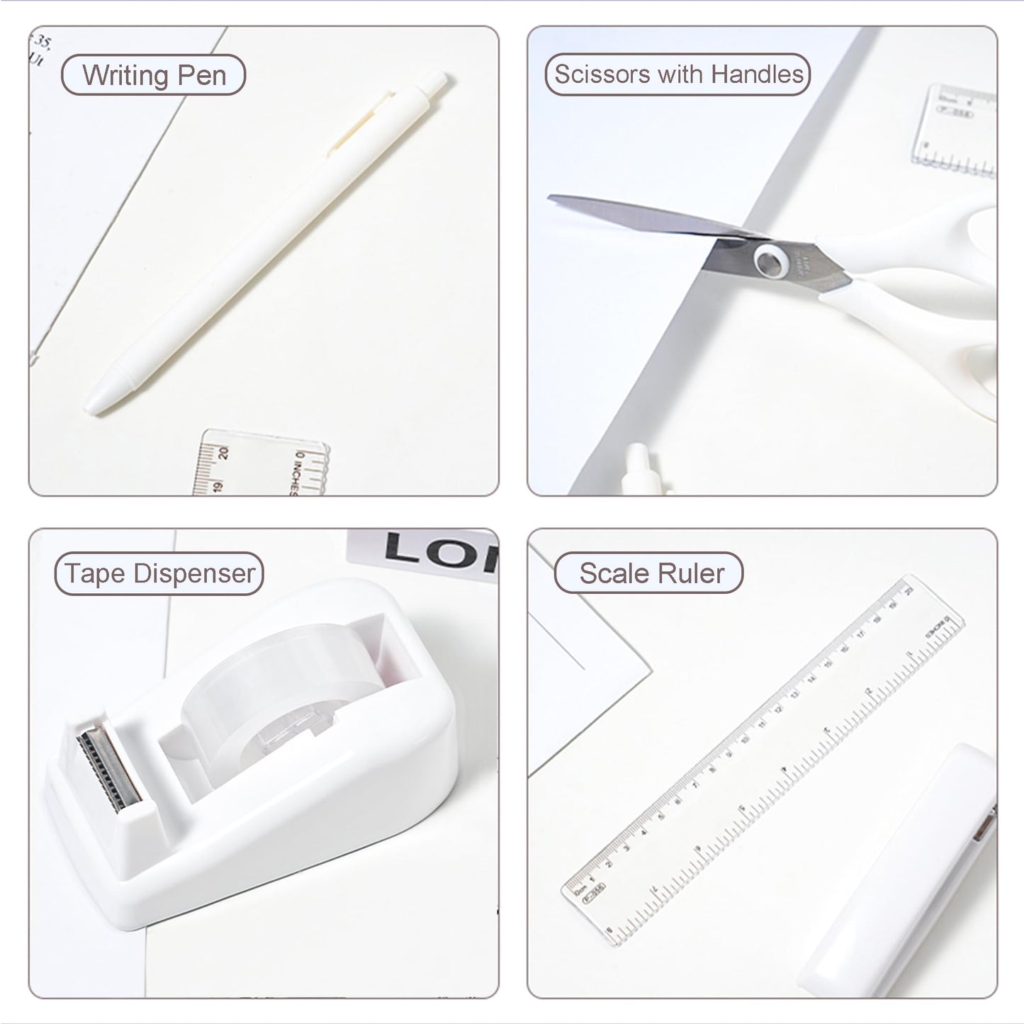 COMFYROOM Desk Accessories with Pen Holder, Office Supplies Desk Organizers and Accessories, Tape Dispenser, Stapler, Staple Remover, Staples, Clips Set, Ruler, Scissor, Pen, Tape (White)