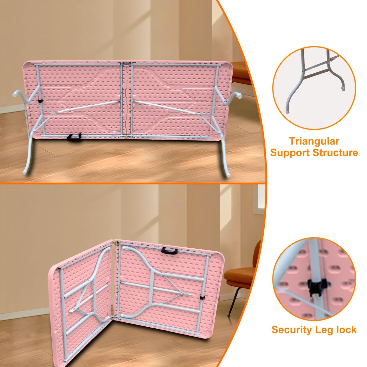SculPong 6 FT Folding Table with Carry Handle, Portable Fold-in-Half Plastic Table, Rectangle Foldable Table for Indoor/Outdoor Beautiful Pink