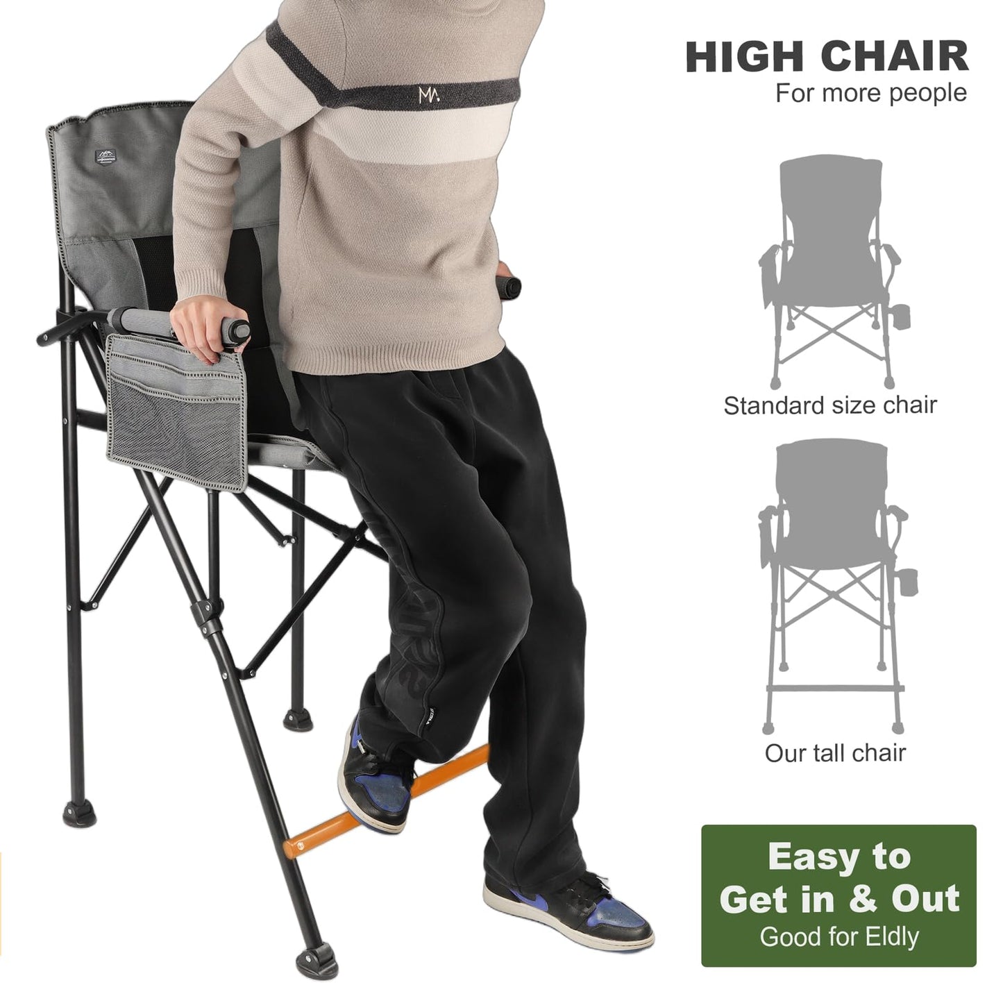 LANMONTAIN 2 Pack Tall Folding Camping Chairs,30.7'' Seat Height Portable Hard Arm Bar Chairs w/Cup Holder,Side Mesh Pocket and Footrest,Heavy Duty Support 350 Lbs Comfy Director Chairs,Black&Grey