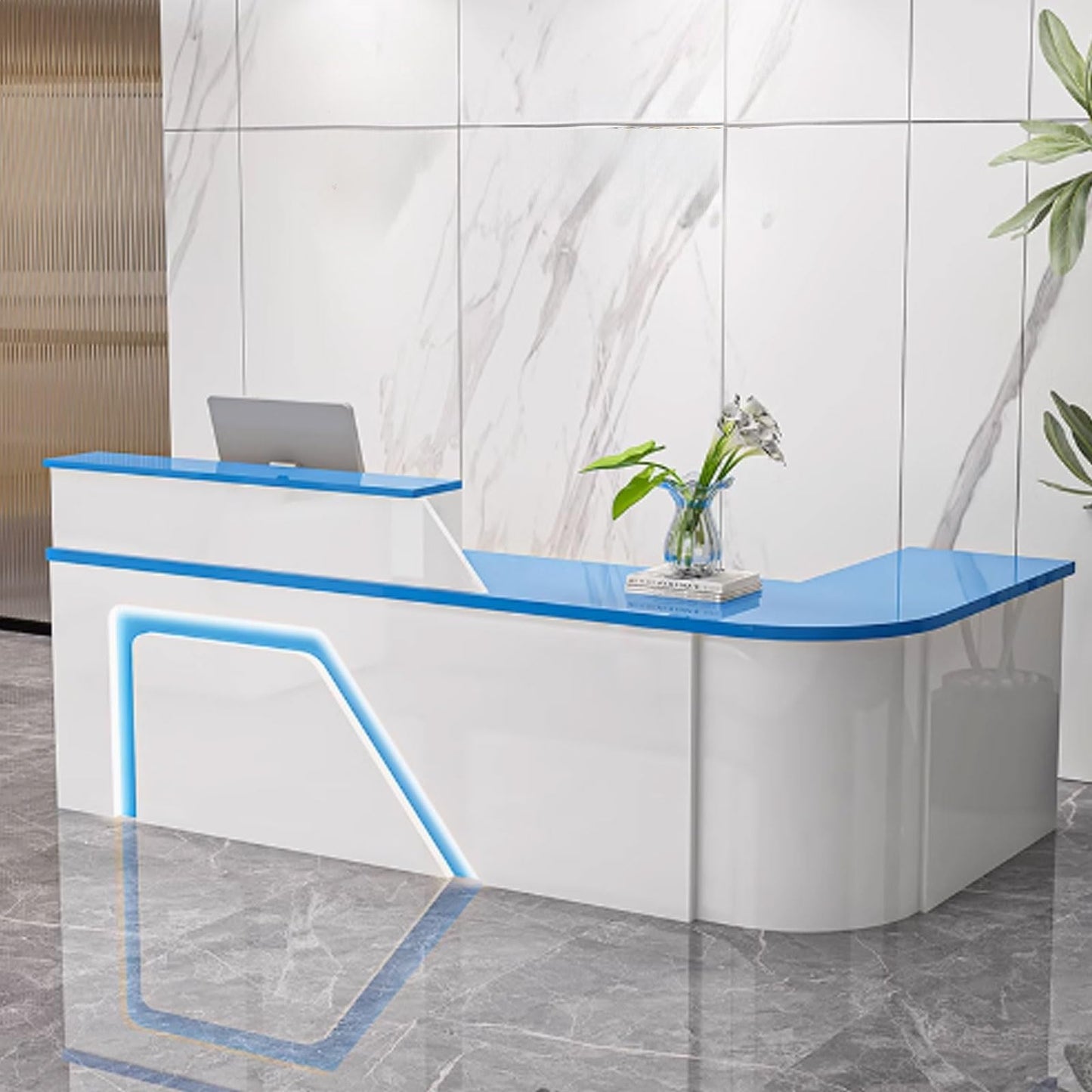 Sleek Modern Reception Desk - Stylish 140cm Front Counter for Lobby & Restaurant, White & Blue Reception Area Furniture, Perfect for Business Spaces