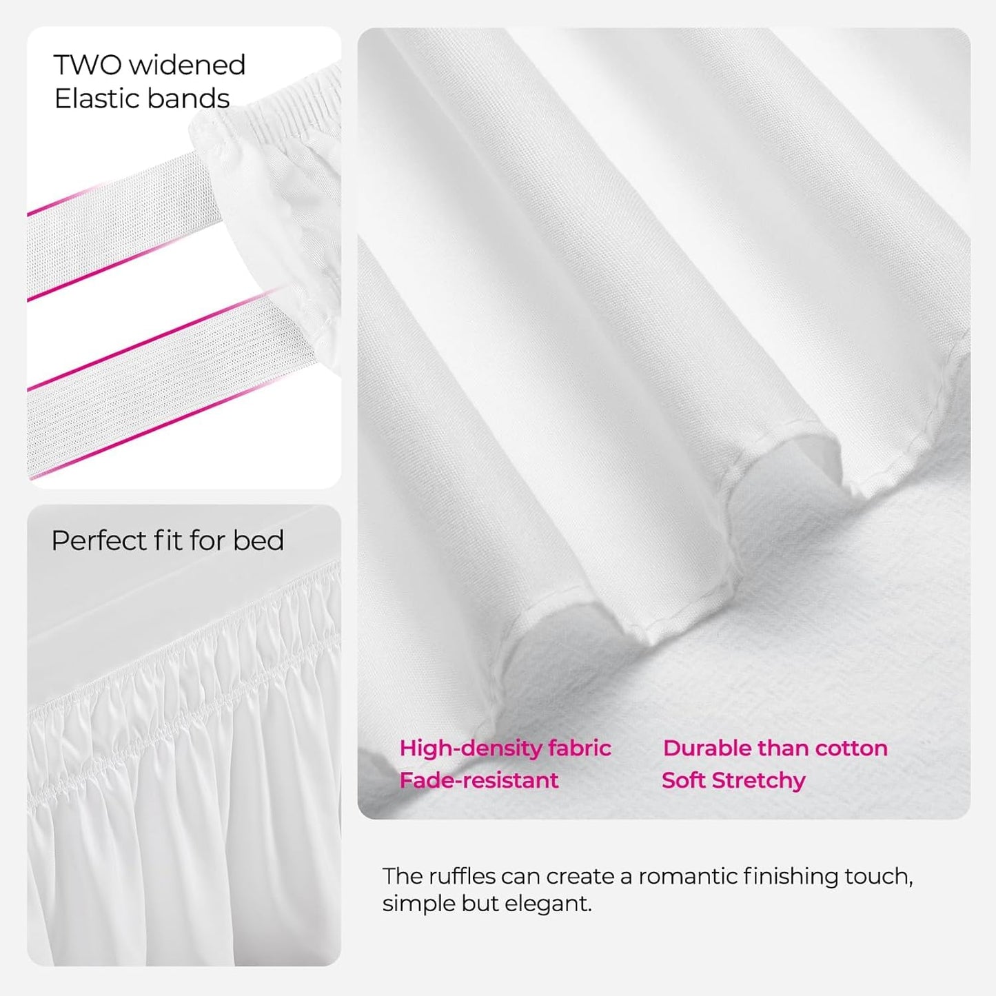 Rimela White Elastic Bed Skirts Queen Size Fits Beds with Headboard & Footboard, Bedskirt 2 Sides only