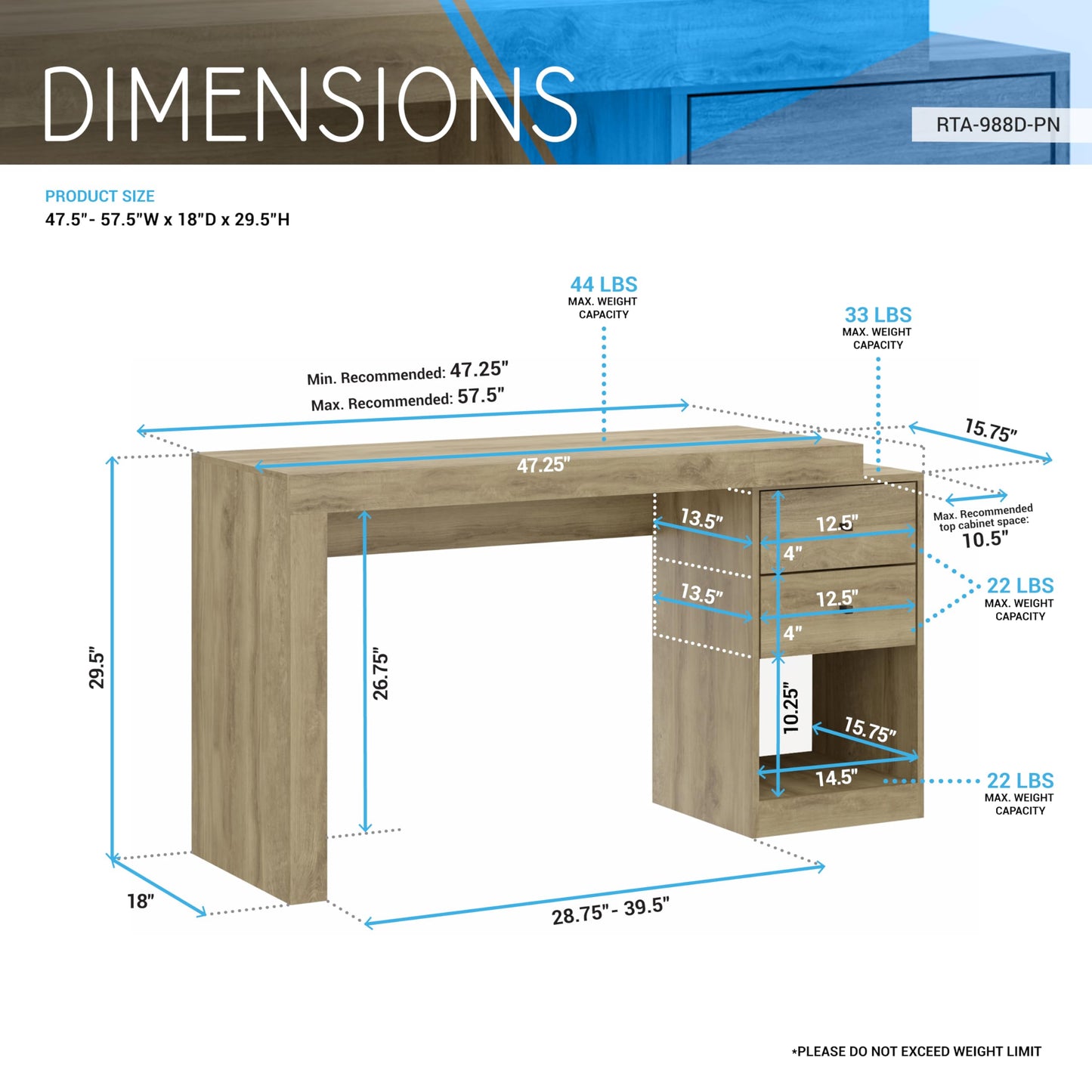 Expandable Desk with Storage Drawers & Open Shelf - Expands from 47 Inch to 57 Inch - Pine Computer Desk with Printer Space - Modern Home Office Table with Drawers - Techni Mobili Blanco Collection
