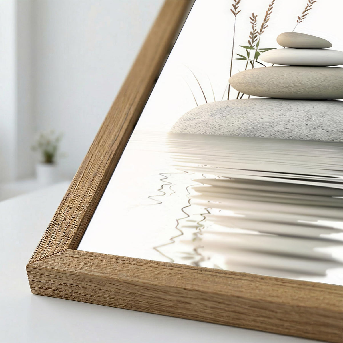 Calming Zen Stone Framed Wall Art - Serene Rock Balance with Water Reflection and Reeds, Natural Wood Frame Perfect for Bathroom, Spa, Living Roomor Meditation Decor 8''x10 Inch