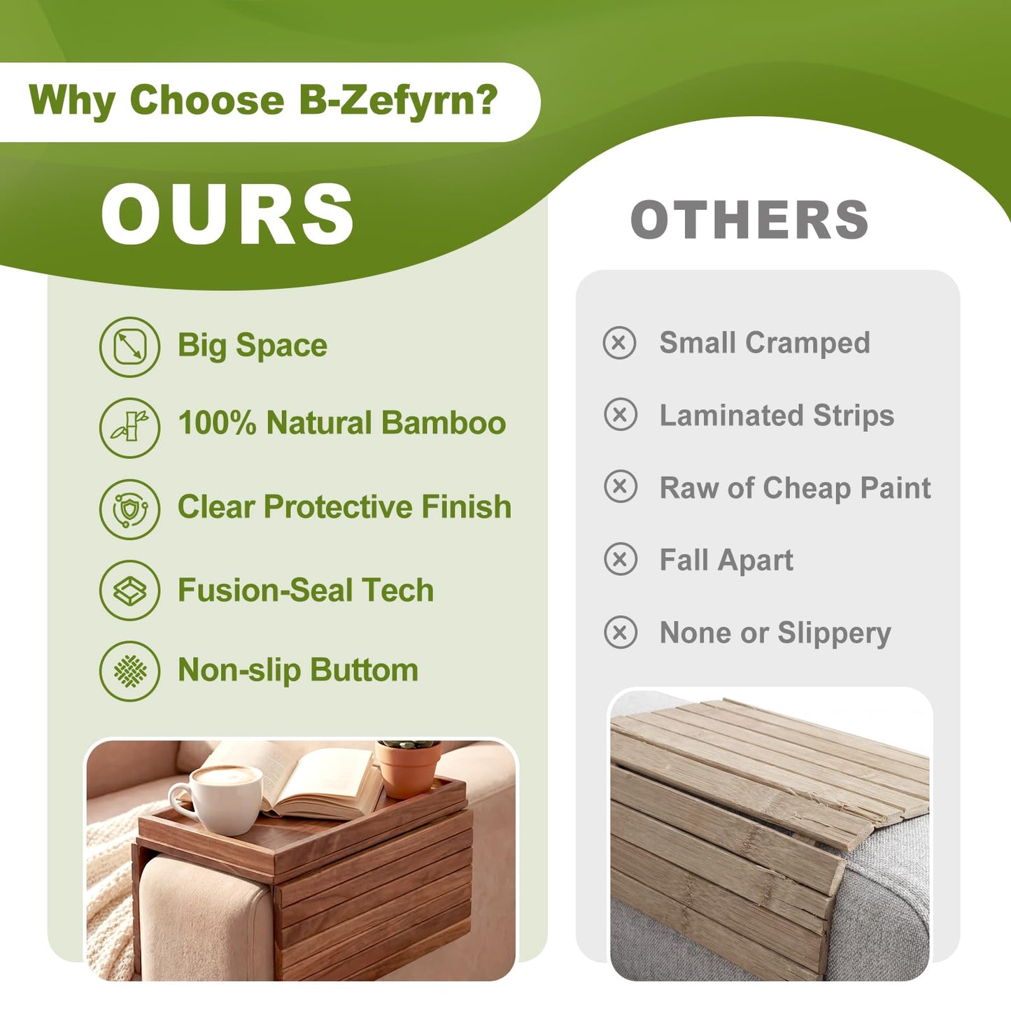 B-Zefyrn Sofa Arm Tray, Foldable Bamboo Couch Armrest Table with Large 12.5" x 5.8" Storage Compartment, Portable Chair Couch Caddy Arm Tray for Cup TV Snacks Phone