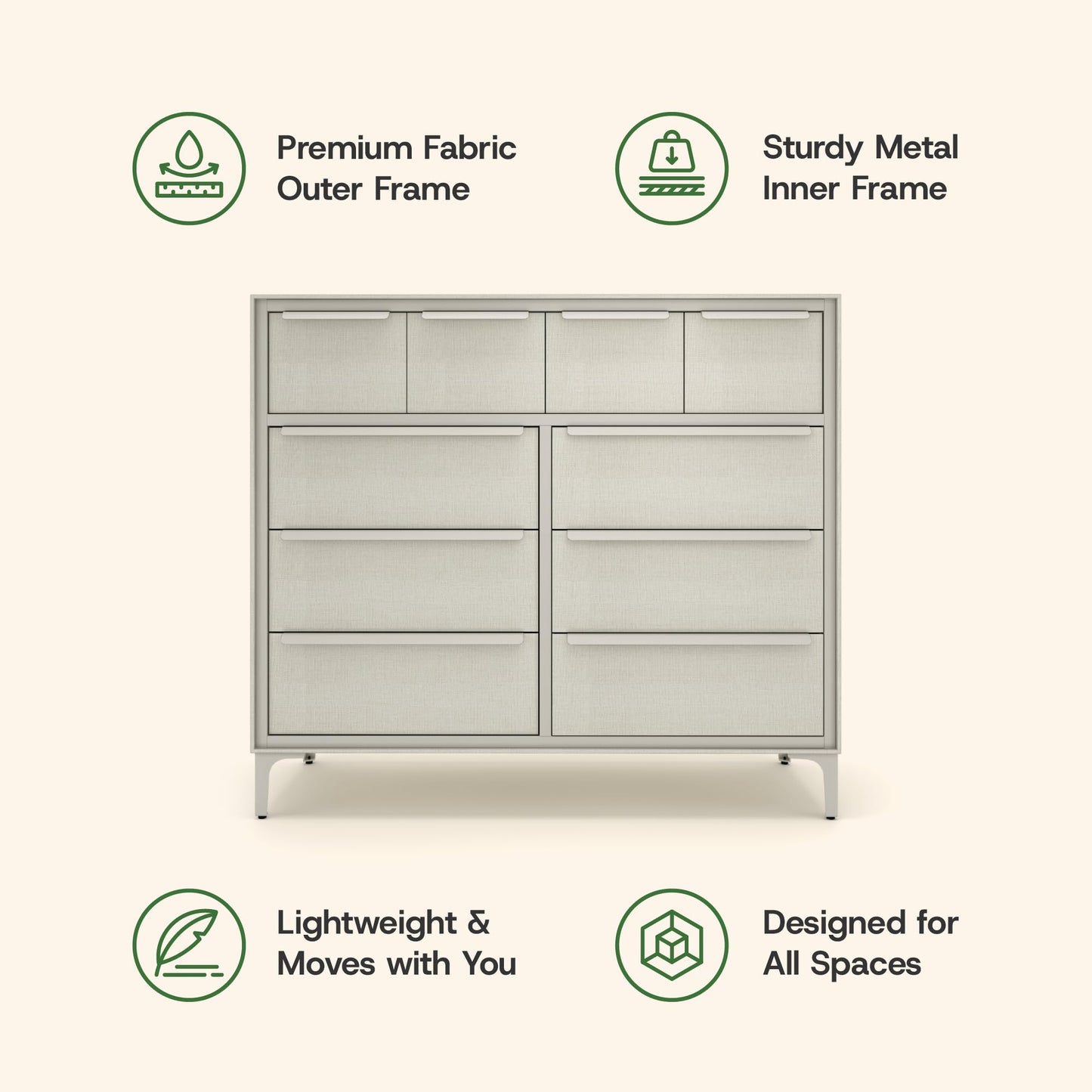 tinge Naima Premium Fabric Dresser - Strong Metal Frame, 10 Spacious Sag-Proof Drawers with Sleek Metal Handles - Premium & Durable Storage Solution for Your Home (Beige)