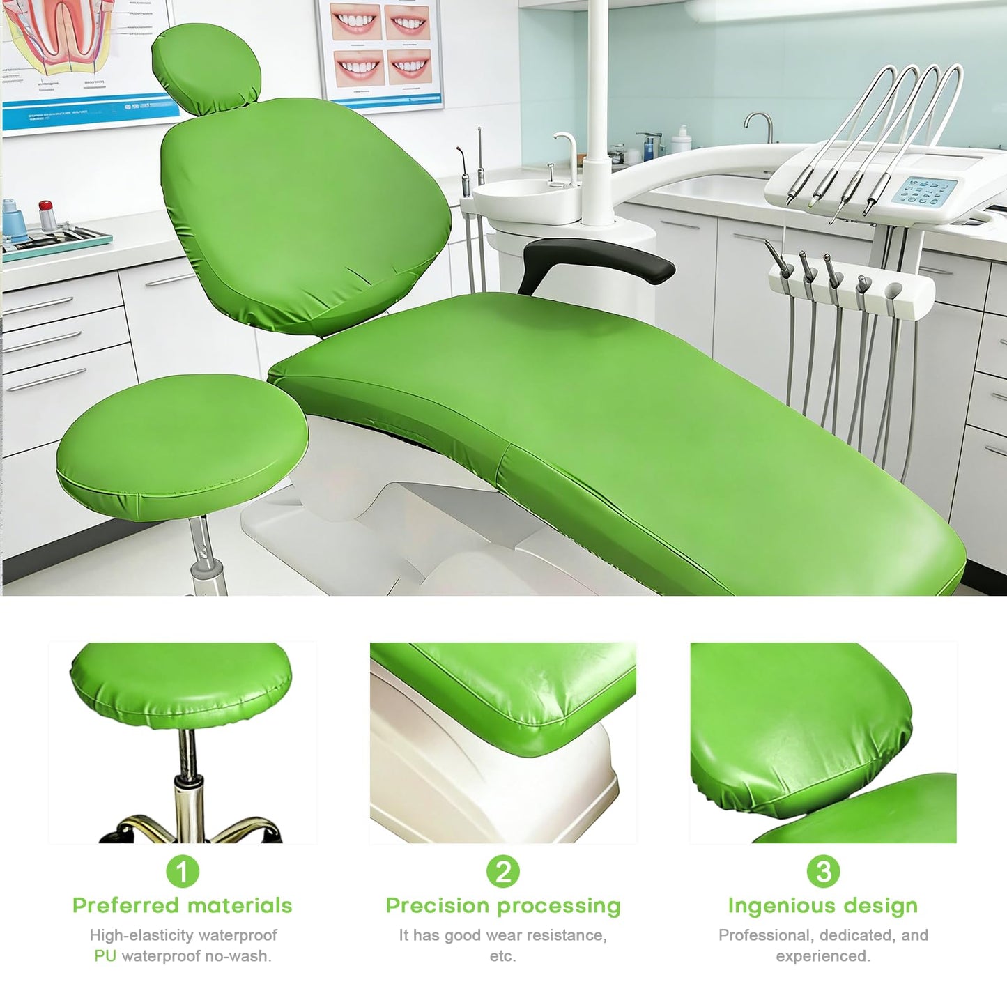 buyzg 5Pcs Dental Chair Covers Set - Waterproof & Non-Slip PU Leather Elastic Full Covers with Foot, Seat, Headrest & Backrest Protectors for Dental Clinic Chairs(Green)
