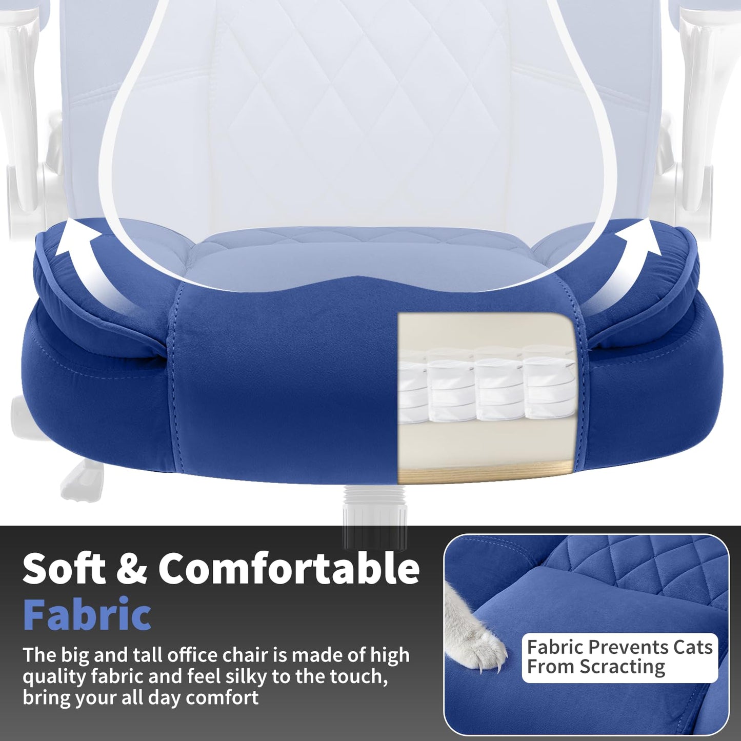 Fabric High Back Office Chair with Lockable Quiet Casters, Thick Padded Ergonomic Computer Chair- Adjustable Lumbar Support & Flip-Up Arms, Wide Executive Desk Chair for Back Pain, 400LBS Capacity