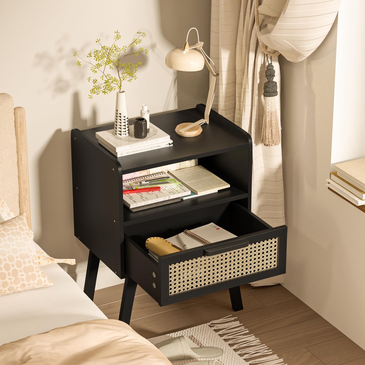 Lerliuo Rattan Nightstand, Bedside Table with Drawer Open Shelf, Cane Accent Side End Table with Solid Wood Legs, Black Mid Century Night Stand for Bedroom, Dorm and Small Spaces