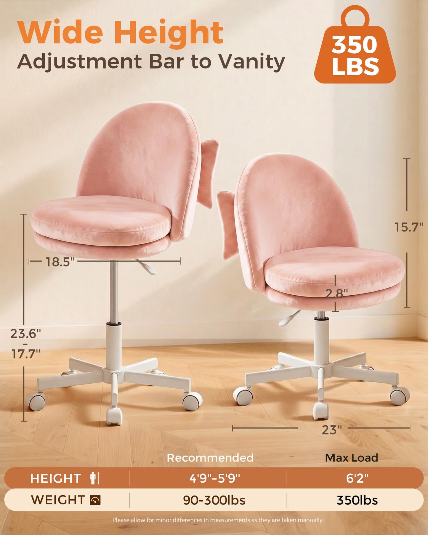 GTPLAYER Velvet Tall Office Chair with Wheels Vanity Chairs with Back, Versatile Height Use: Office to Bar Stools Small Ergonomic Comfy Armlees Computer Desk Chair with Bow Lumbar Pillow for Gift