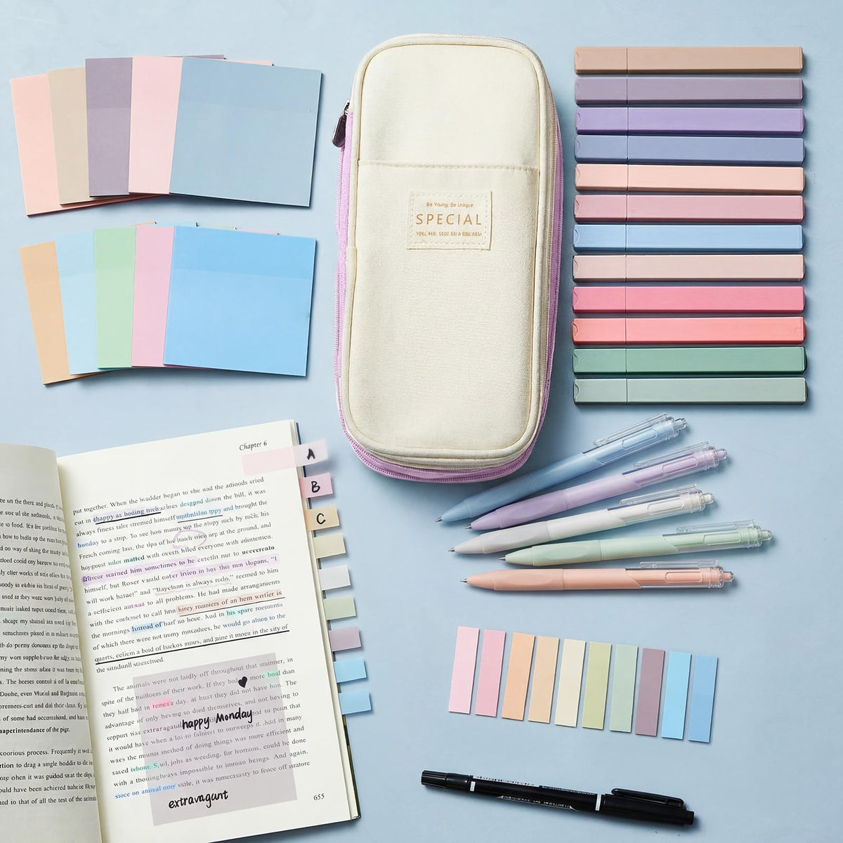 Jutom 39 Pcs Aesthetic Book Annotation Kit Highlighter with Case Bag Gel Pen Transparent Sticky Note Taking Bible Supplies(Purple,Cute Style)