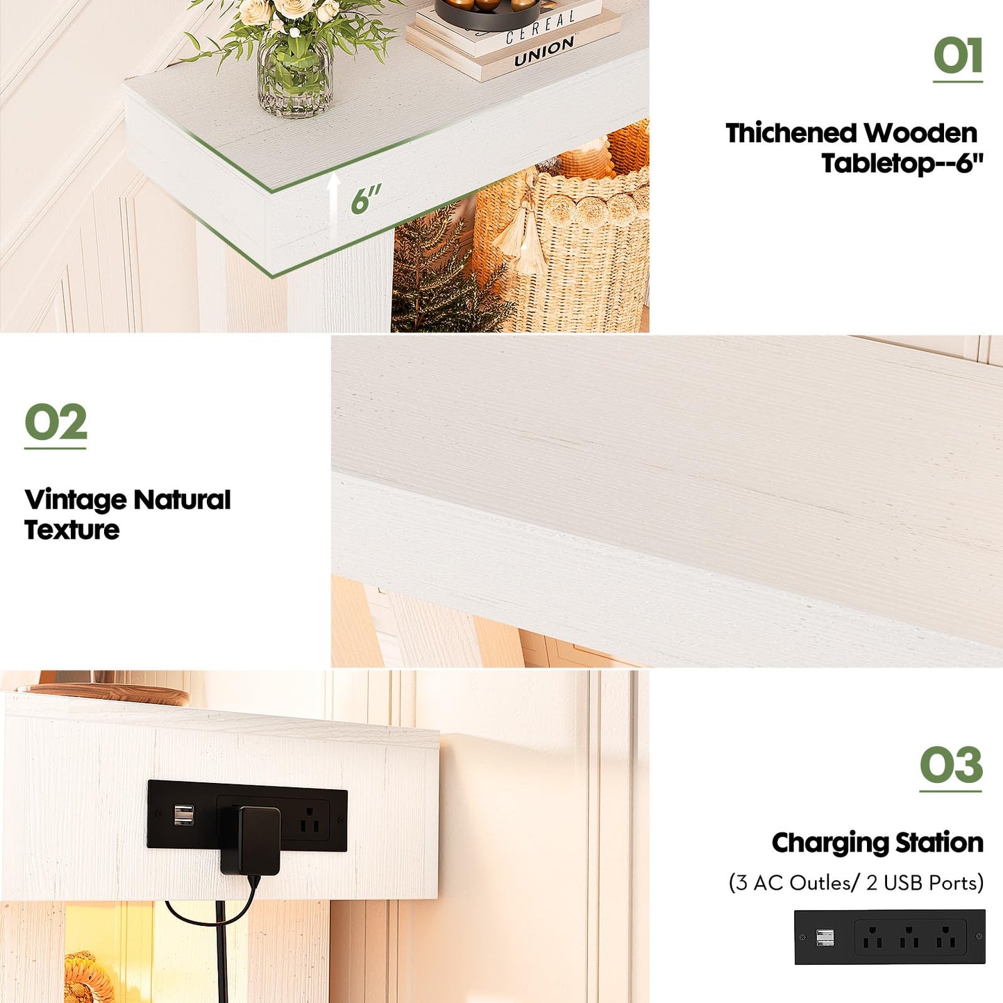 Unikito 63'' Farmhouse Console Table with Power Outlets and Sensor Light, Wooden Entryway Table with Storage, Rectangular Sofa Tables Behind The Couch for Entrance, Hallway, Living Room, Antique White