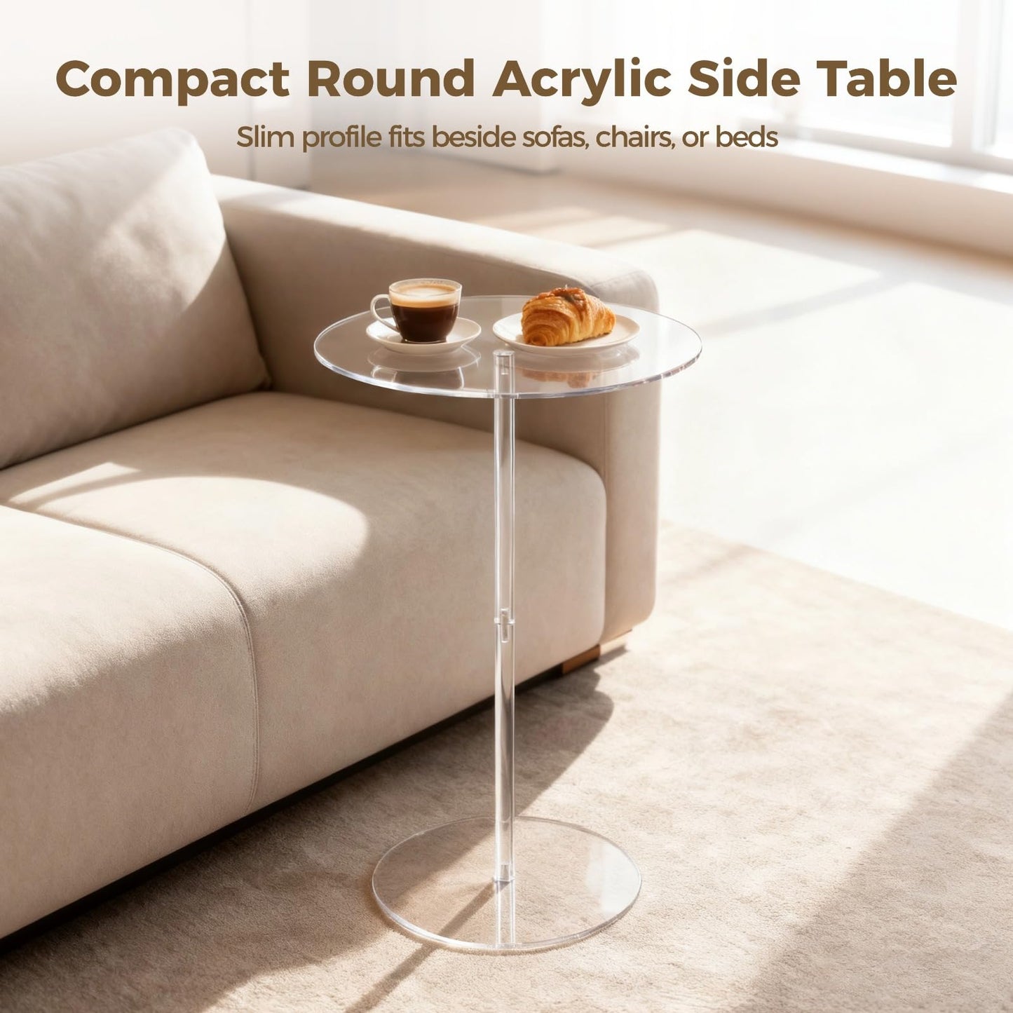 9 in Round Acrylic Side Table, Clear Modern End Table, Small Bar Table, Small Space Side Table for Living Room, Bedroom, Office, Bathroom, Balcony, Easy to Assemble & Move