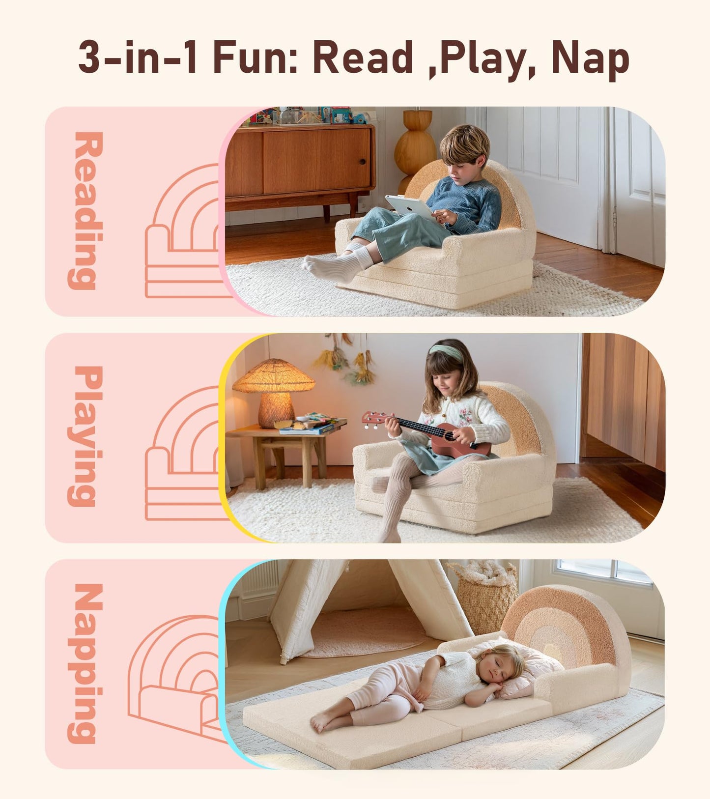little dove Extra Wide Soft Kids Couch Fold Out, 2-in-1 Kids Couch, Convertible Kid Sofa, Kid Furniture for Playroom, Ideal Gifts for Boys & Girls Ages 3+, Beige