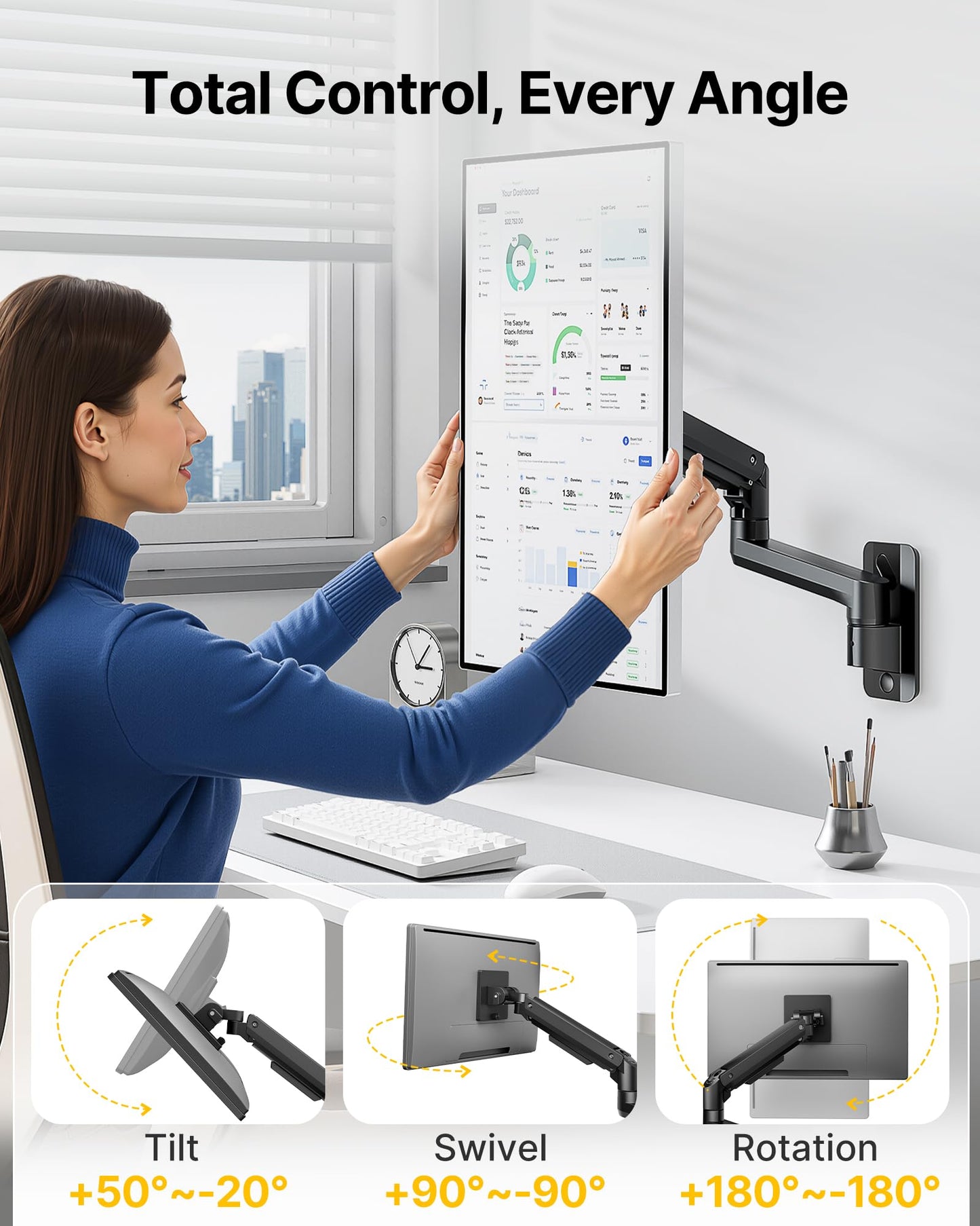 monTEK Ultra Wide Wall Mount Monitor Arm for 17-49 Inch Screens, Heavy Duty Single Monitor Mount up to 44 lbs, Fully Adjustable Gas Spring Wall Mount, 75x75/100x100 VESA Mount, Black