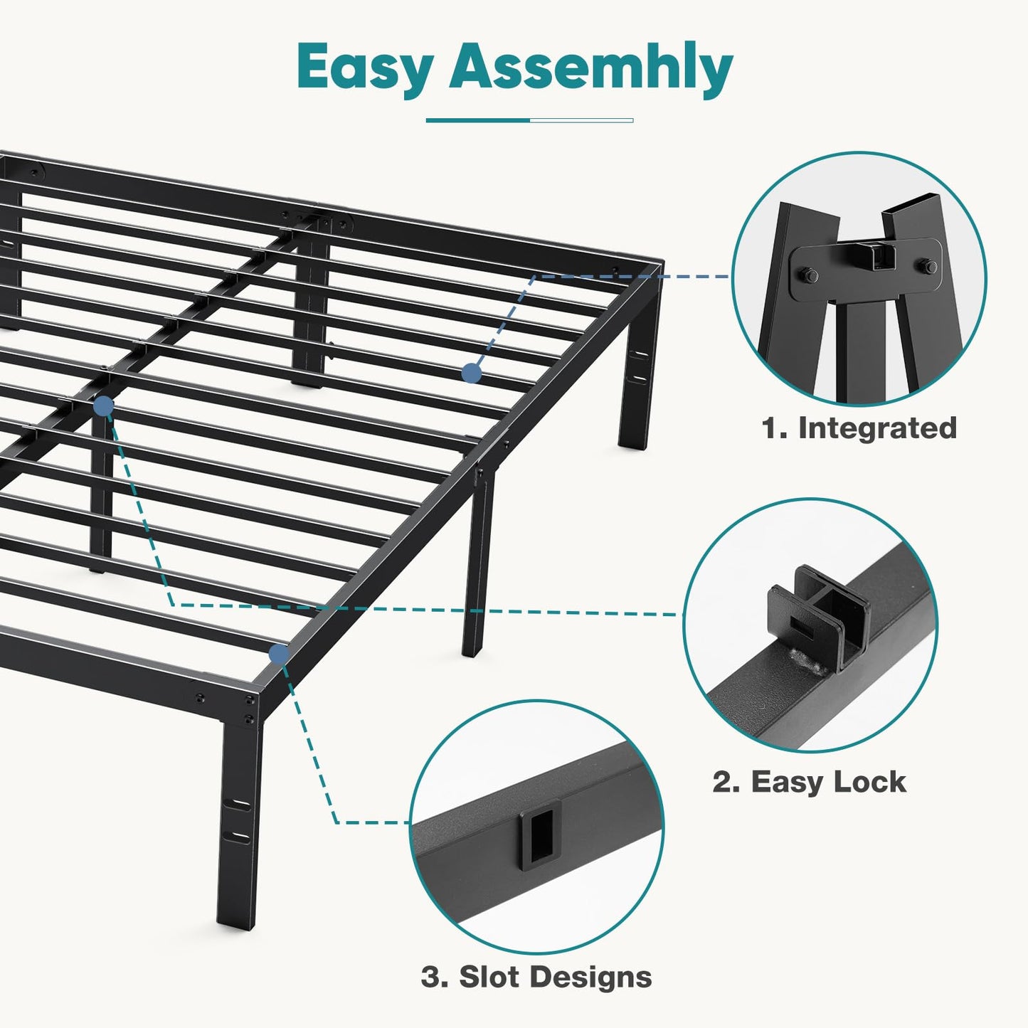 Sweetcrispy King Bed Frame - Heavy Duty No Box Spring Needed Metal Platform Bedroom Frames with Storage Space, 14 Inches High, Sturdy Steel Slat Support, Black