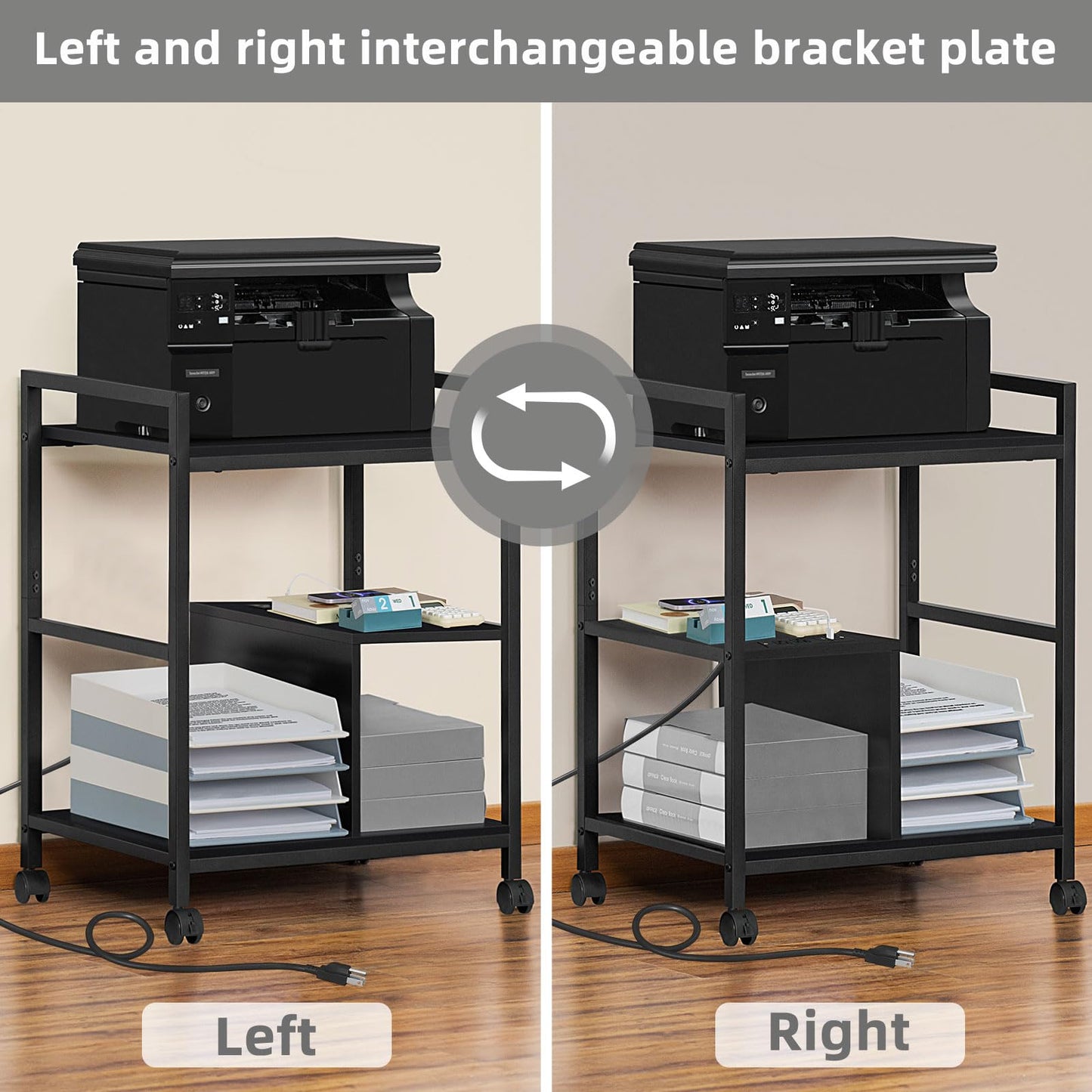 Lerliuo Printer Stand with Charging Station and USB Ports, Large 3-Tier Mobile Printer Table with Storage Shelf, Black Rolling Industrial Printer Cart with Lockable Wheels for Home Office