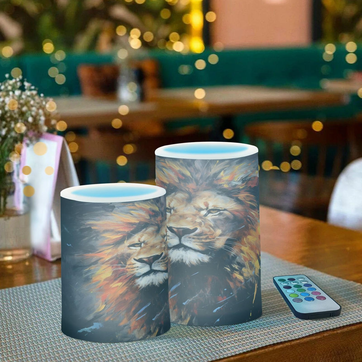Lights Flameless Candles Painting Lion Pillar Candles Set of 2 Battery Operated Remote Control Warm Lights Home Decor